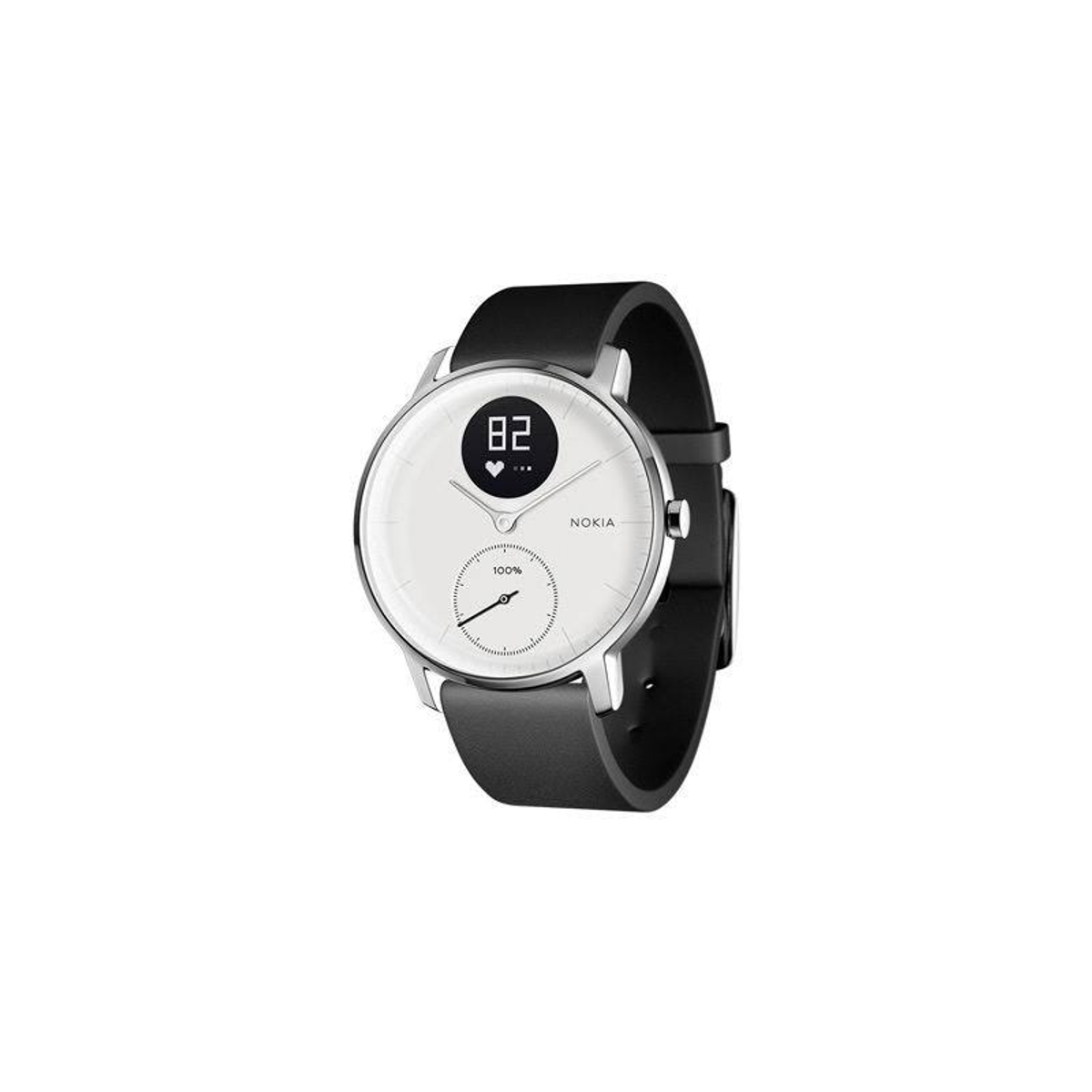 Eine Smartwatch mit weißem Zifferblatt und schwarzem Armband. Die Uhr zeigt Zahlen und ein Herzsymbol. Marke Nokia.