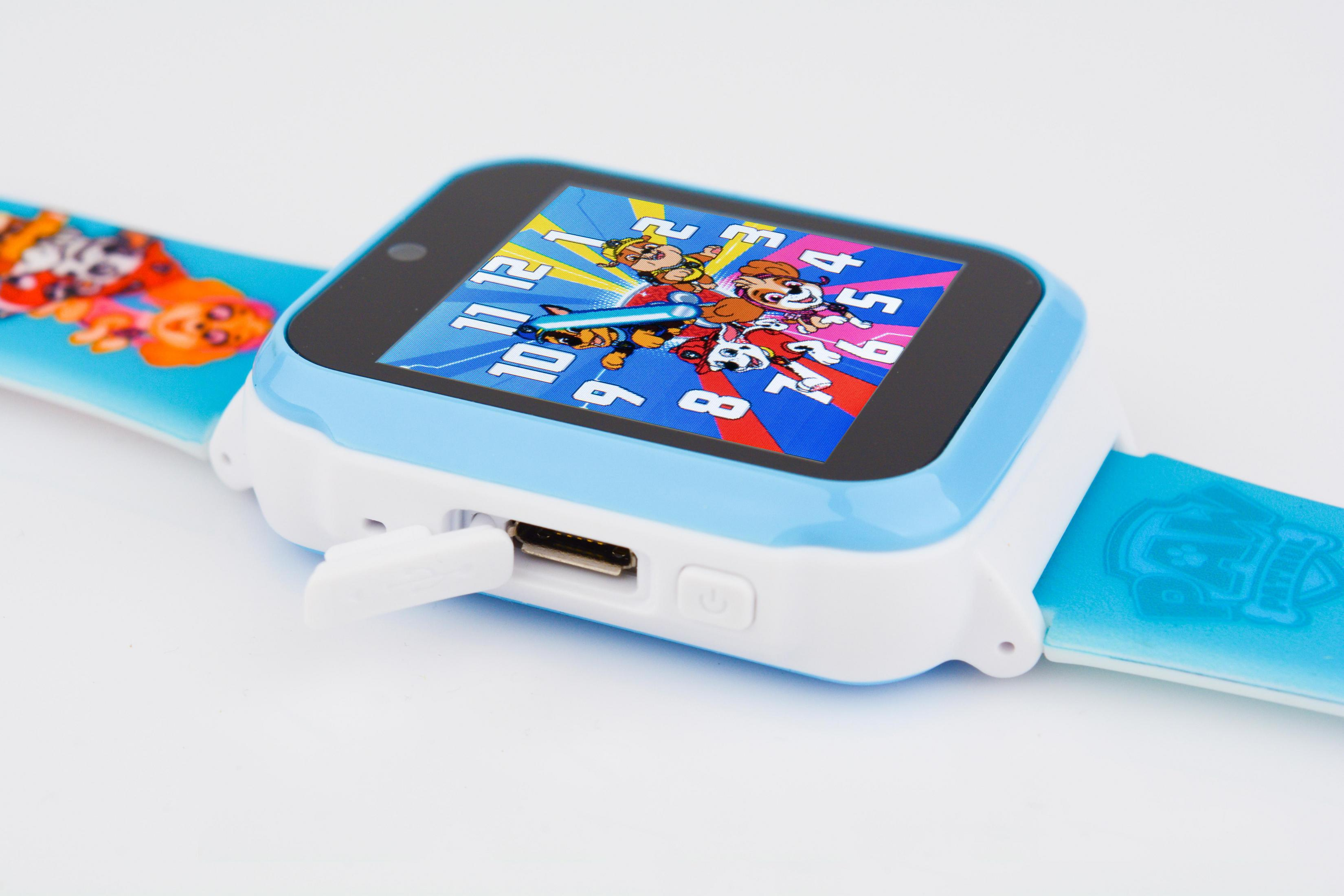 Uno smartwatch blu e bianco a tema Paw Patrol. Lo schermo mostra i personaggi di Paw Patrol.