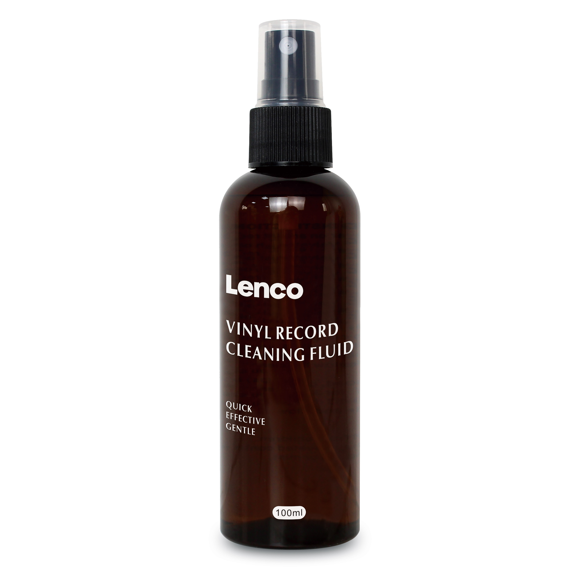 Bruine fles Lenco vinylplaat reinigingsvloeistof met sproeimond.