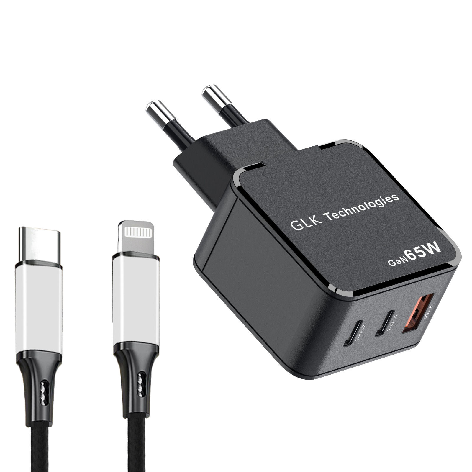 Schwarzes Ladegerät mit zwei Steckern und zwei Kabeln: USB-C und Lightning.