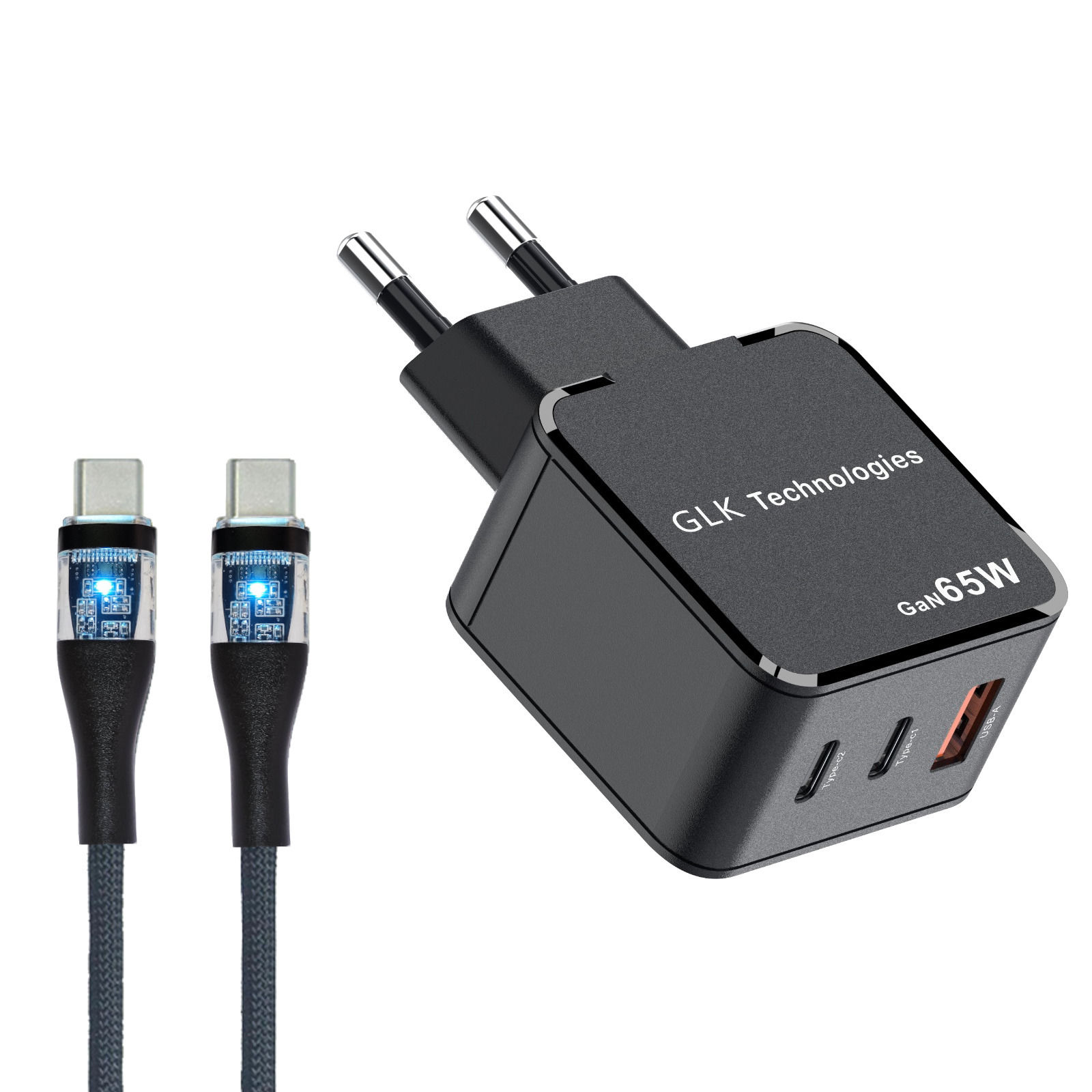 Ein schwarzes GLK Technologies GaN65W Ladegerät mit zwei USB-C-Kabeln und einem USB-A-Anschluss.
