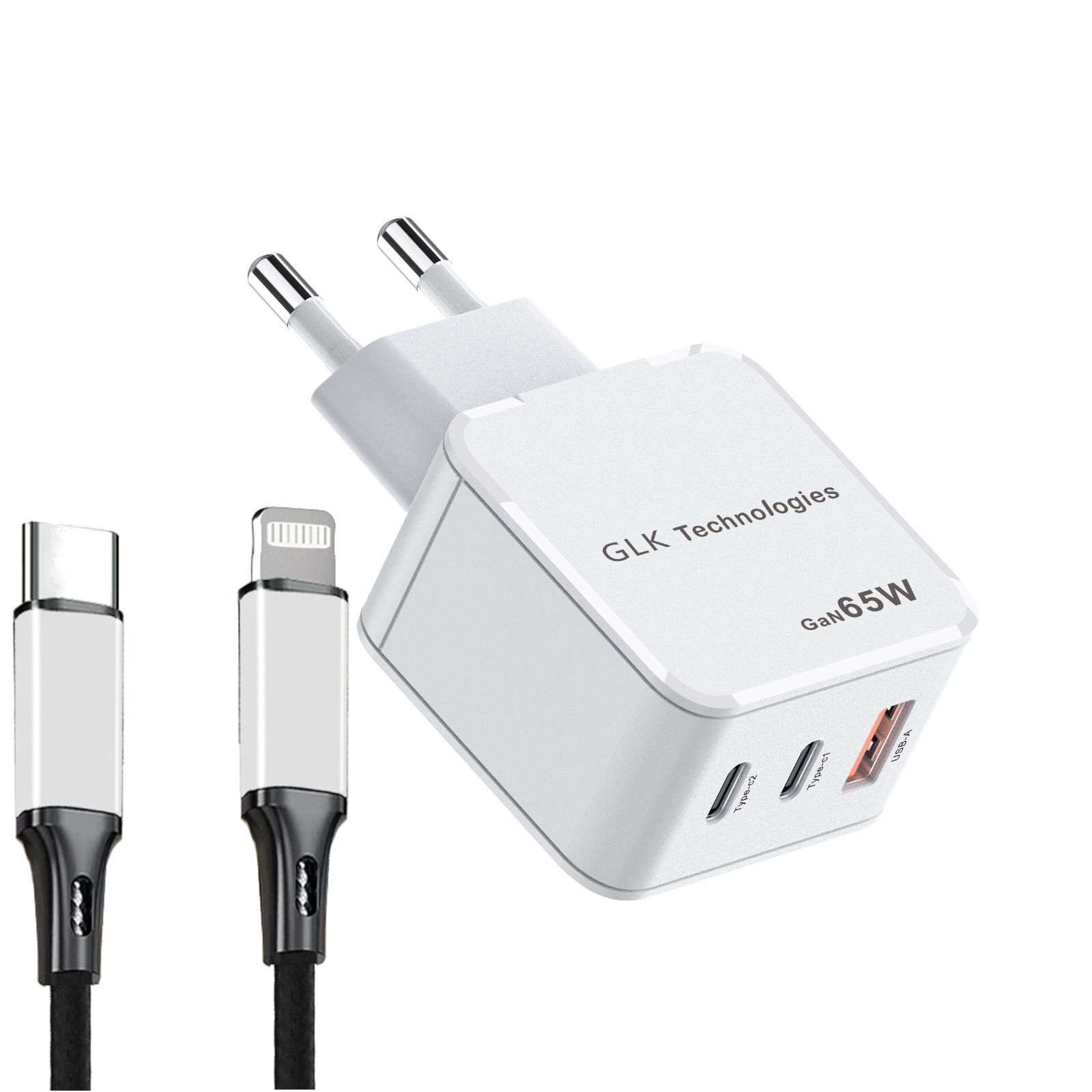 Ein weißes und graues Ladegerät mit zwei schwarzen Kabeln. Das Ladegerät hat zwei USB-C-Anschlüsse und einen USB-A-Anschluss.