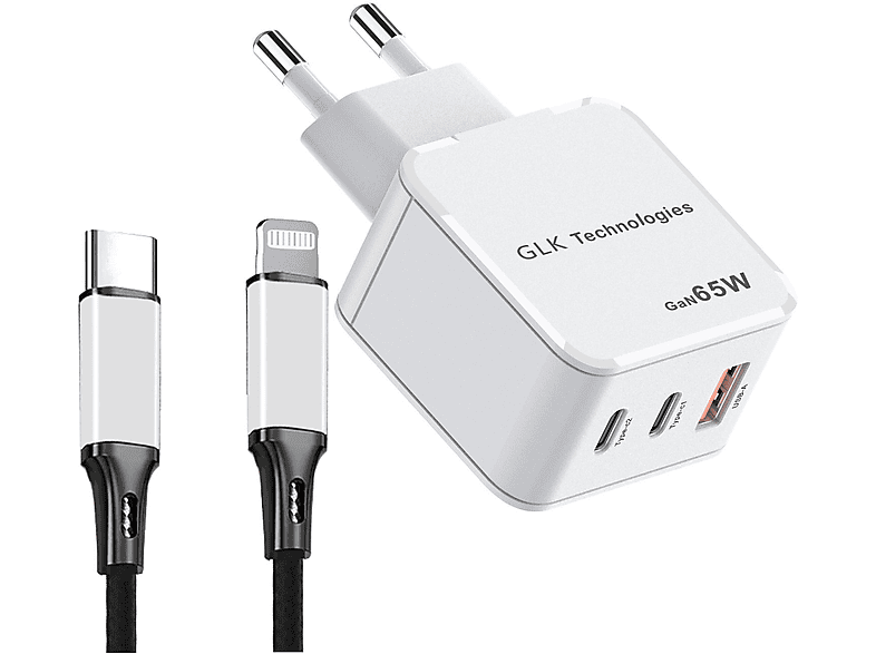 GLK-TECHNOLOGIES 65W 3-Port USB-C Inkl. 1M Lightning Kabel ws USB-Schnellladegerät Samsung, Apple, iPhone, Huawei, Xiaomi, HTC, Weiß