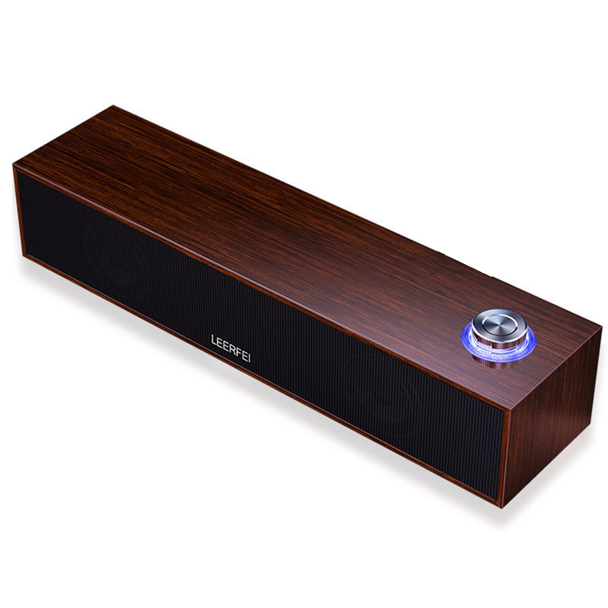 Altavoz de madera con frontal de malla negra, perilla de control y luz azul.