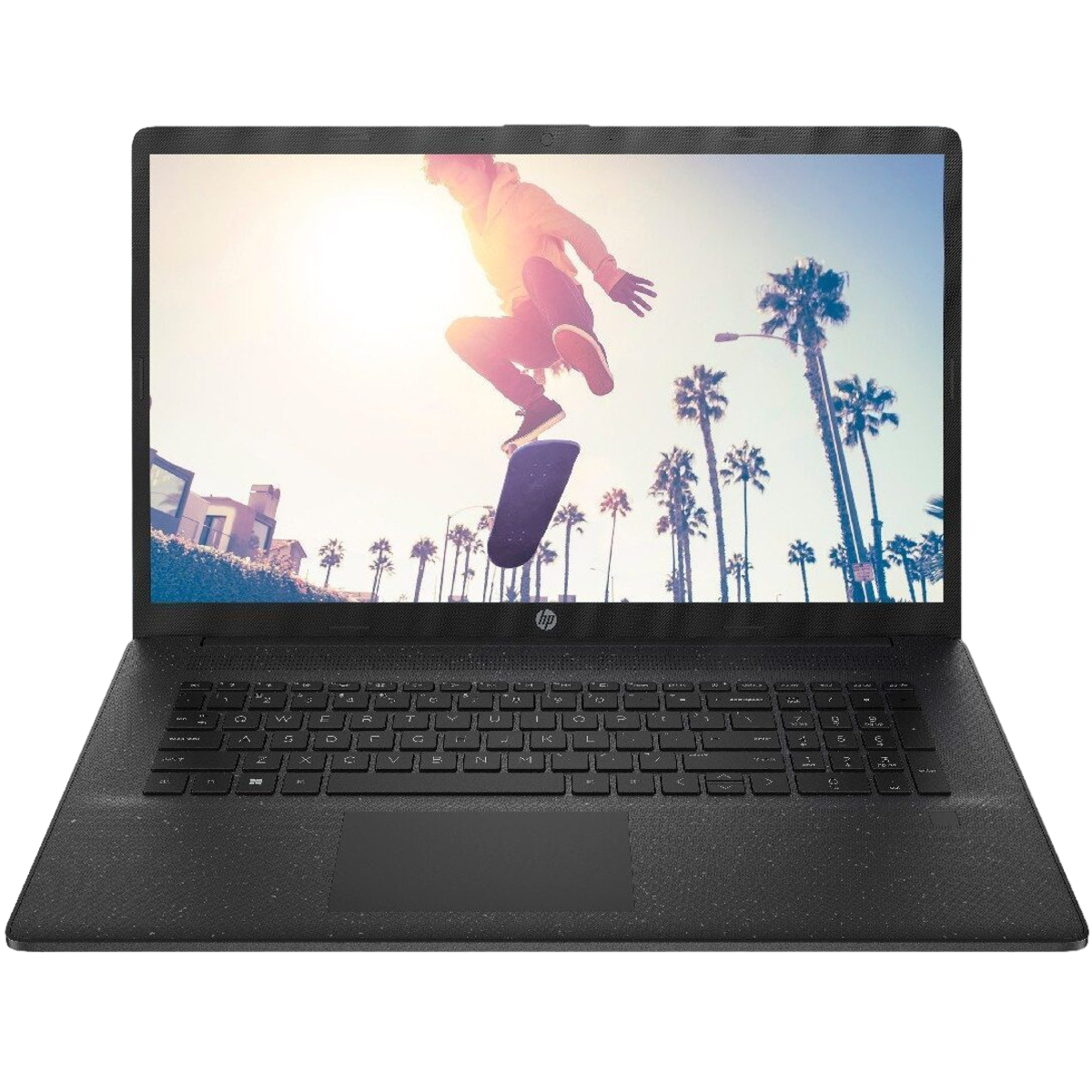 Ein schwarzer Laptop, der einen Mann beim Skateboarden zeigt. Palmen sind im Hintergrund sichtbar.