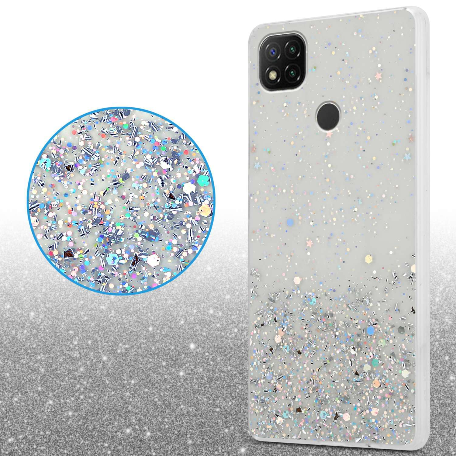 Custodia trasparente per telefono con glitter. Un primo piano dei dettagli glitterati.