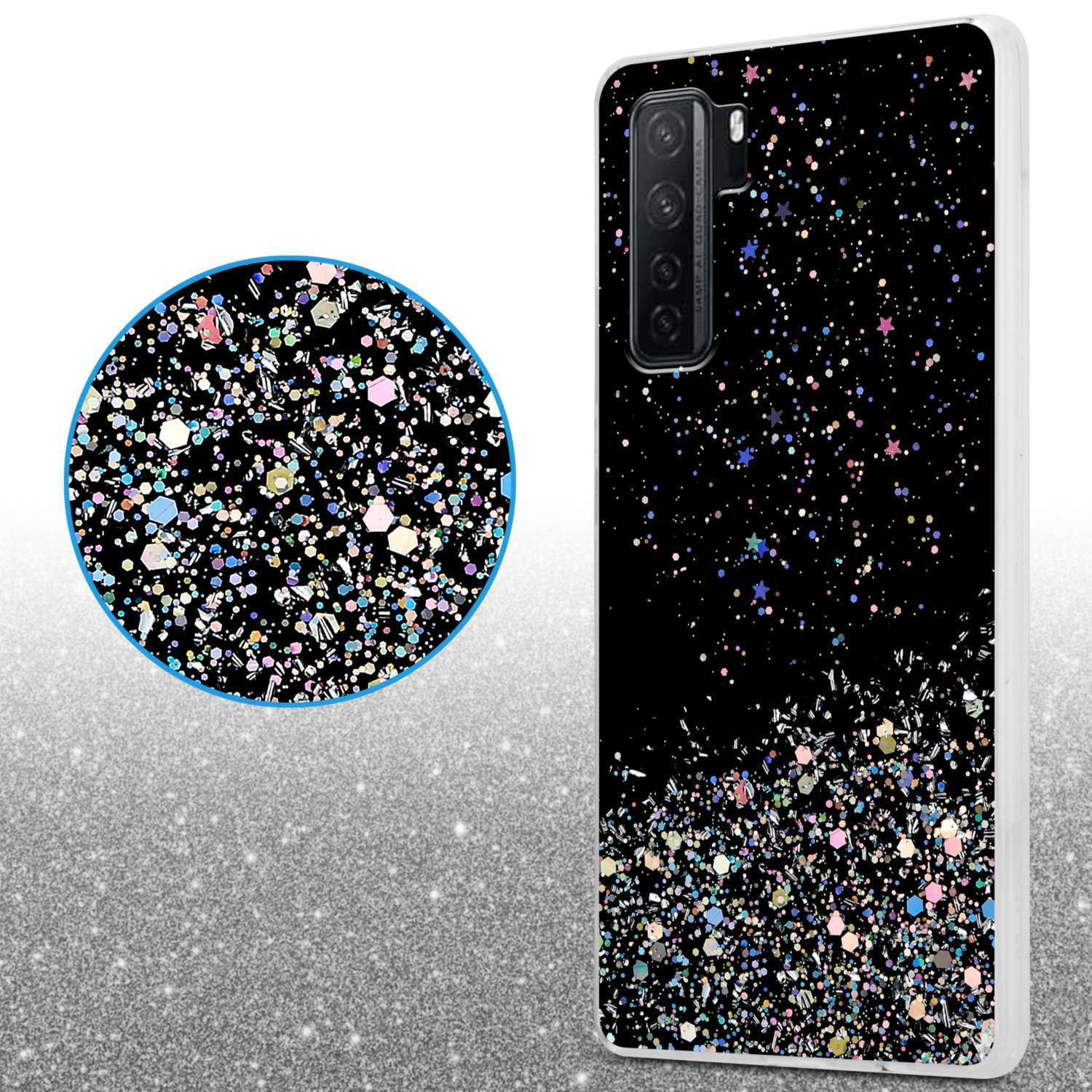 Telefonhülle mit schwarzem Glitzermuster. Eine Nahaufnahme des Musters ist im Kreis.