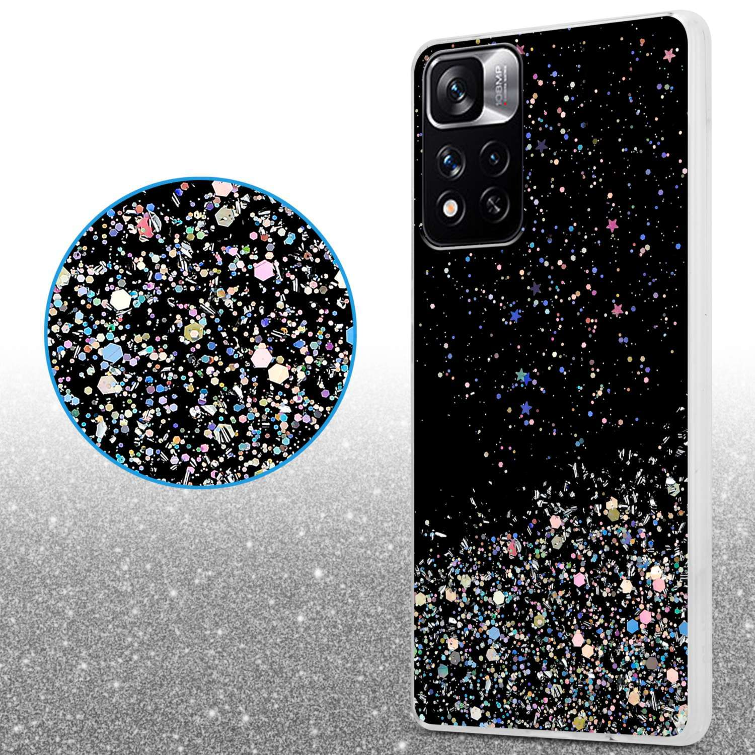 Una custodia per telefono con un design scintillante. La custodia è su una superficie.