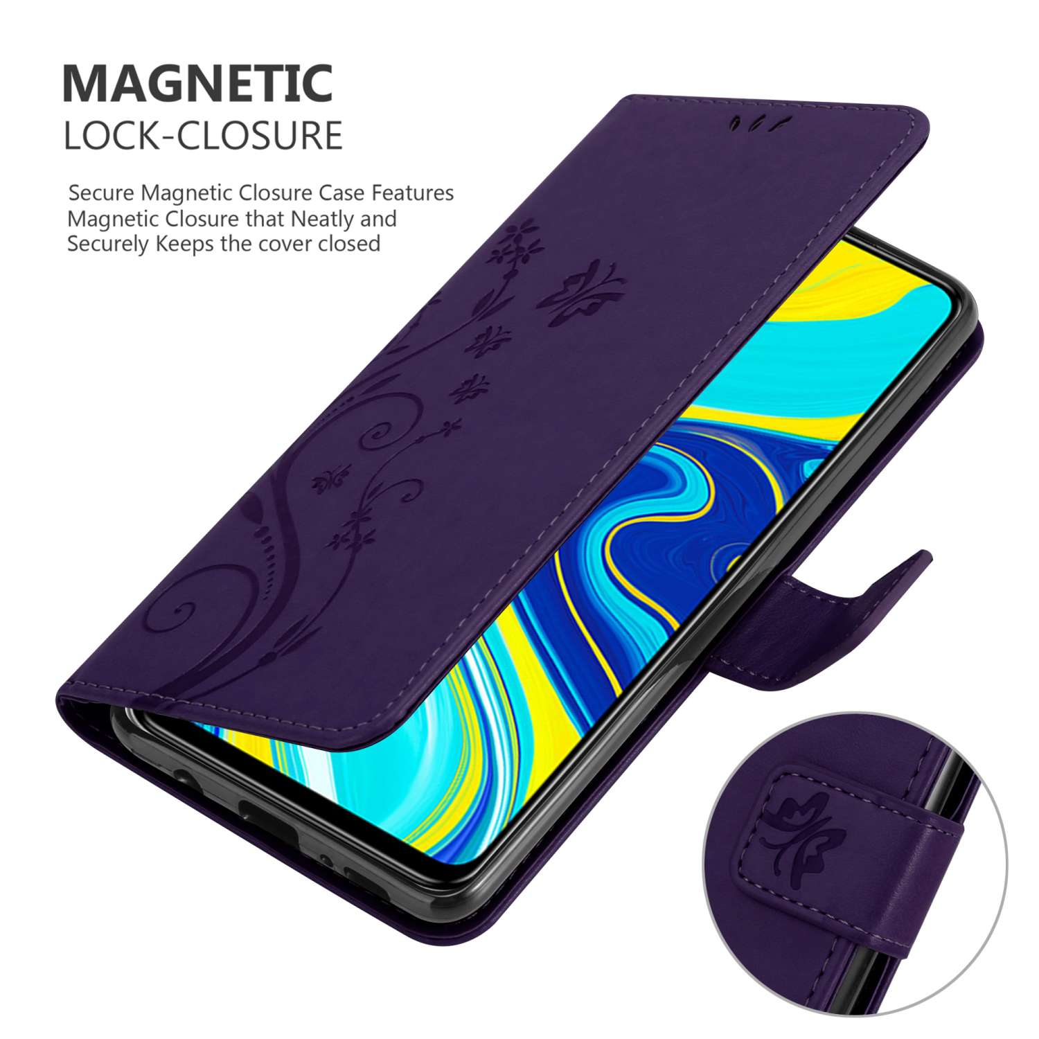 Eine lila Handyhülle ist geöffnet und zeigt einen Telefonbildschirm. Die Hülle hat ein Blumendesign und einen Magnetverschluss.