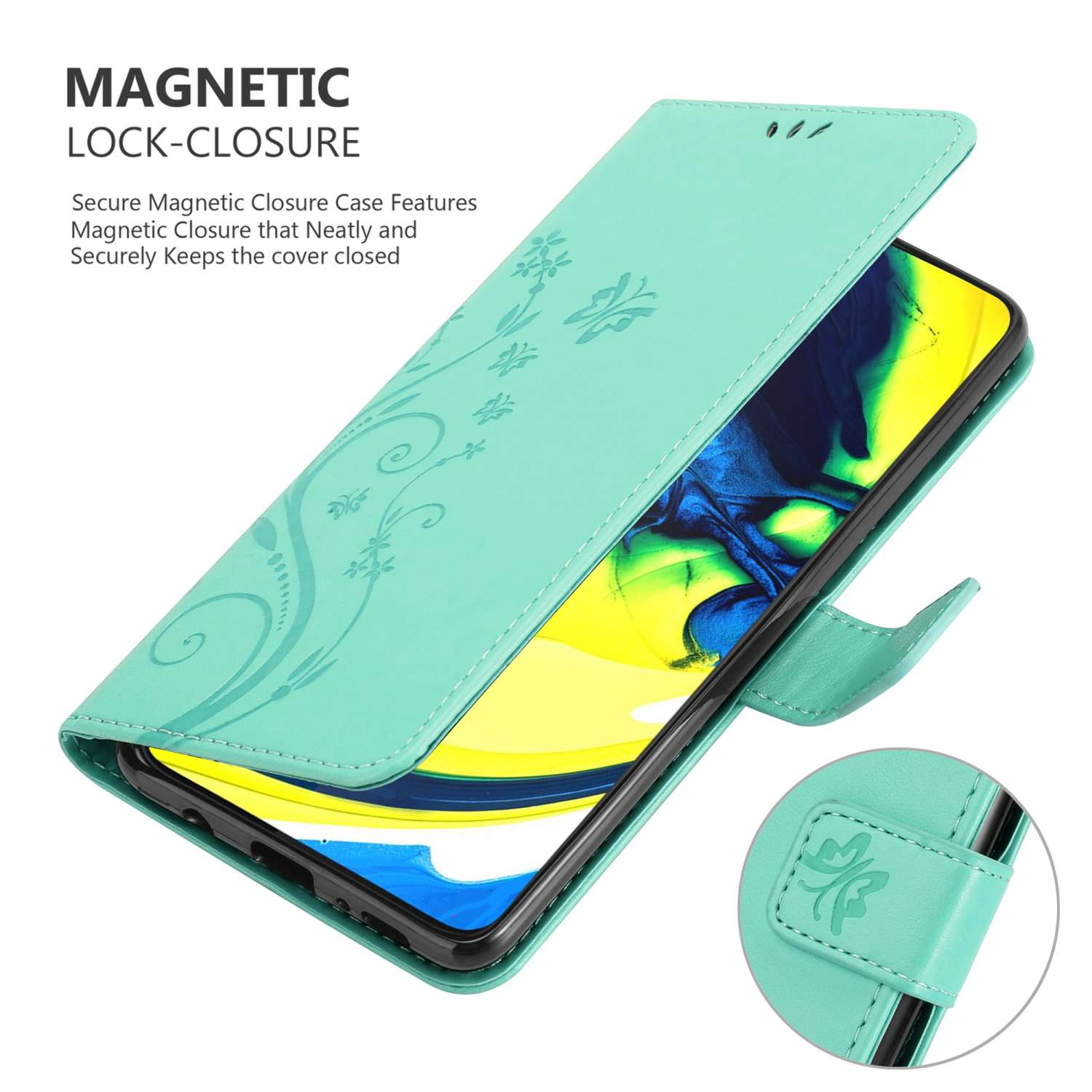 Custodia per telefono verde con un telefono, lo schermo del telefono è blu. La custodia è aperta, primo piano.