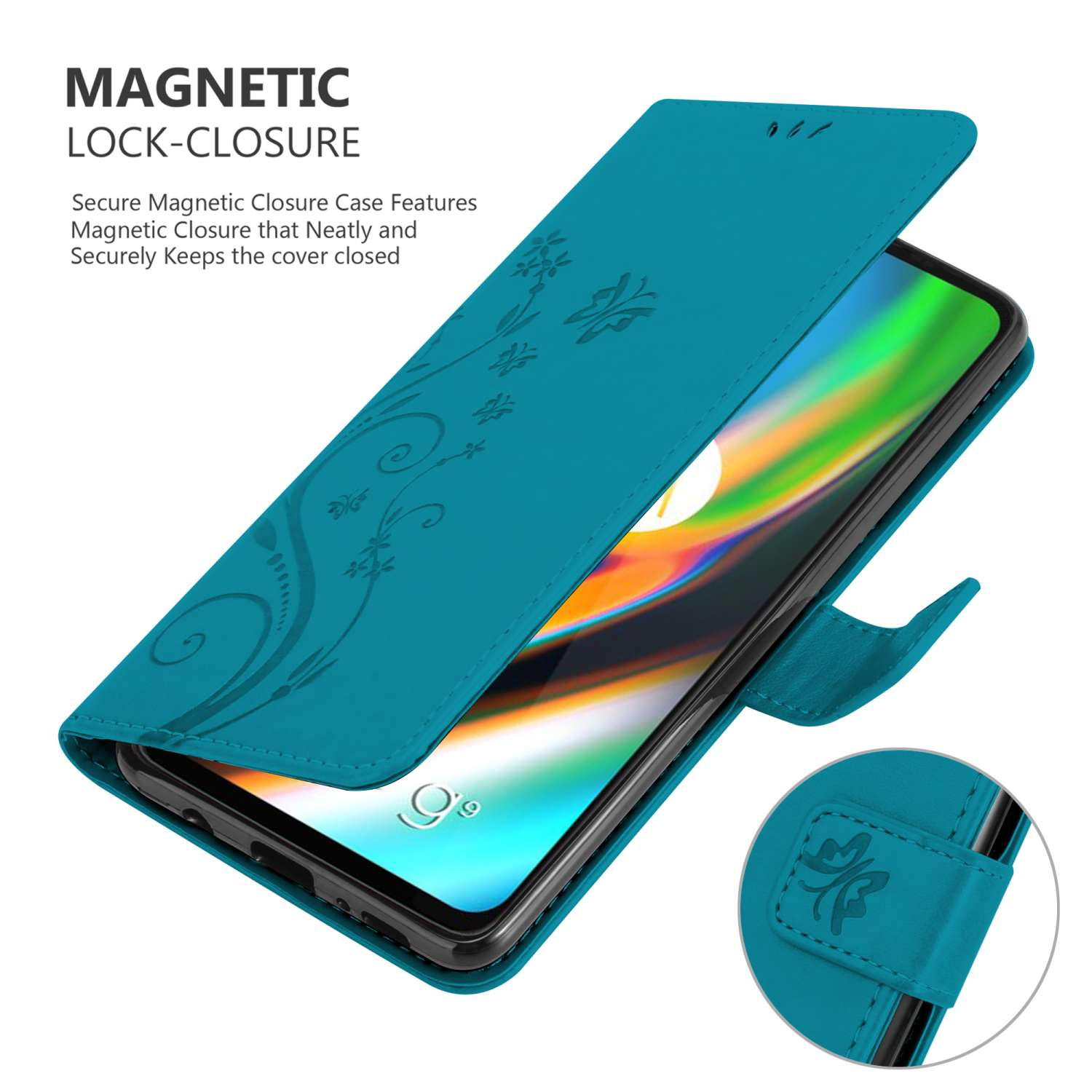 Custodia per telefono turchese con design floreale e chiusura magnetica, su uno schermo nero del telefono.