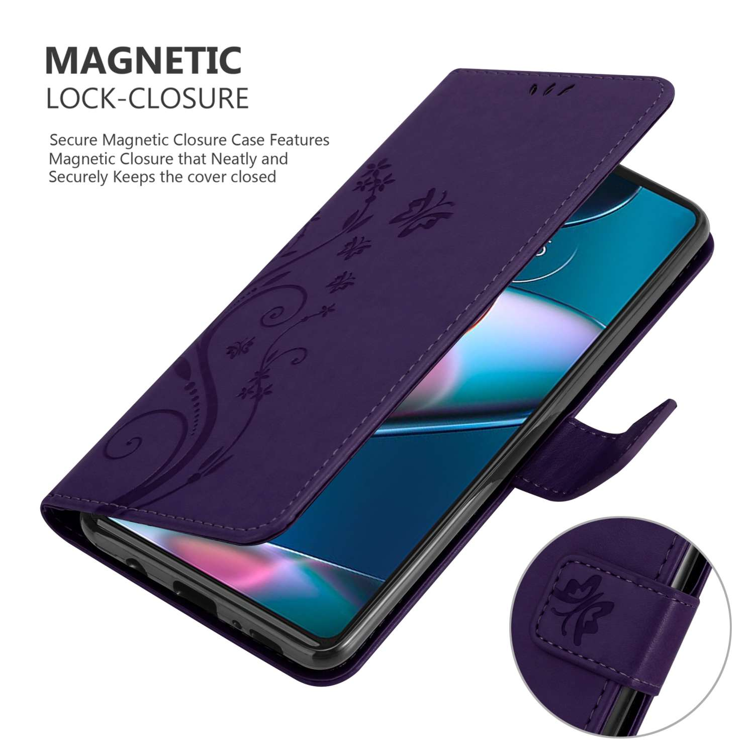 Custodia viola per telefono con design floreale. La custodia è aperta, rivelando un telefono. Chiusura magnetica visibile.