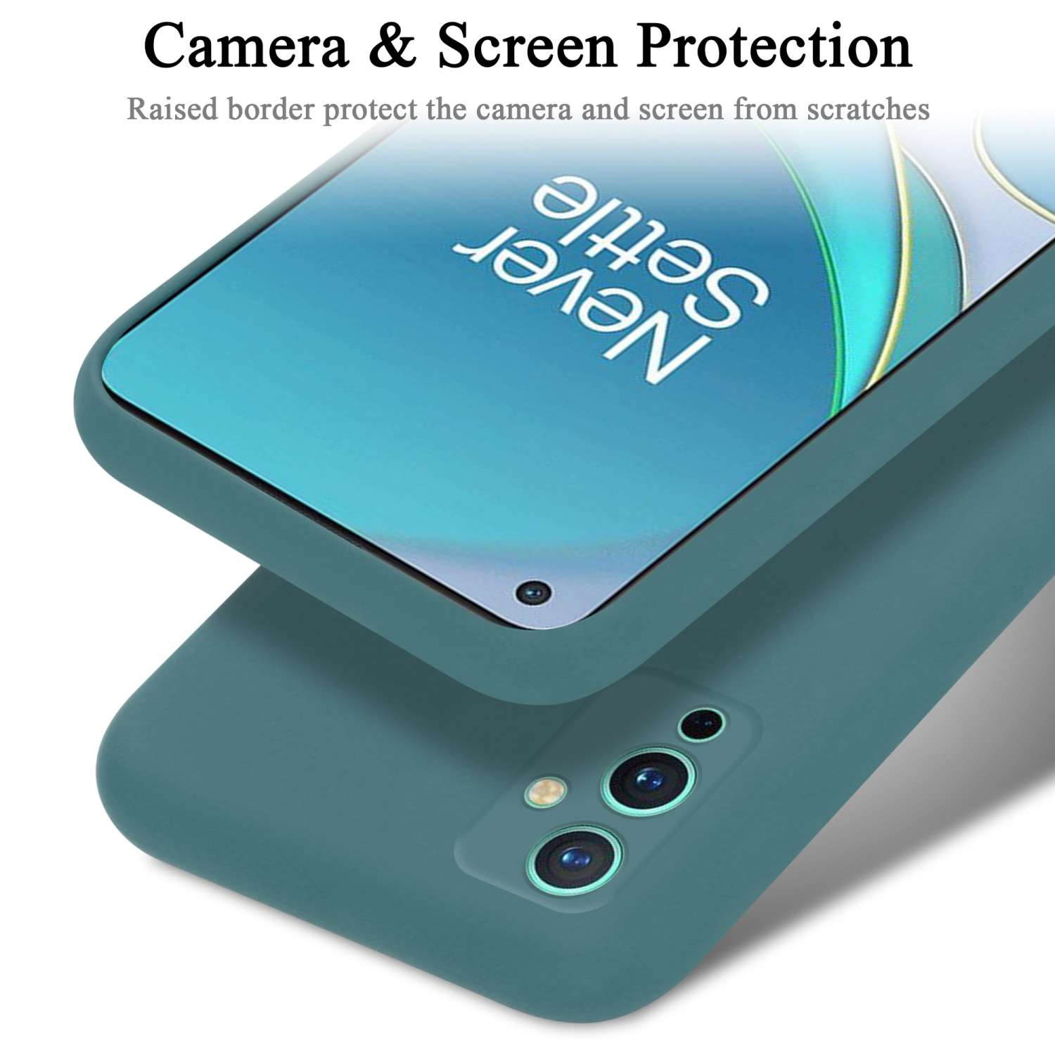 Primo piano di una custodia per telefono verde acqua con un telefono, che mostra la protezione della fotocamera e dello schermo.