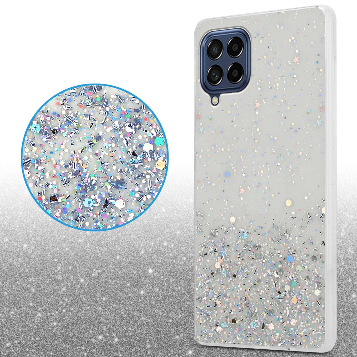 Custodia per telefono glitterata con telefono. Dettaglio glitter, con primo piano. Sfondo bianco.