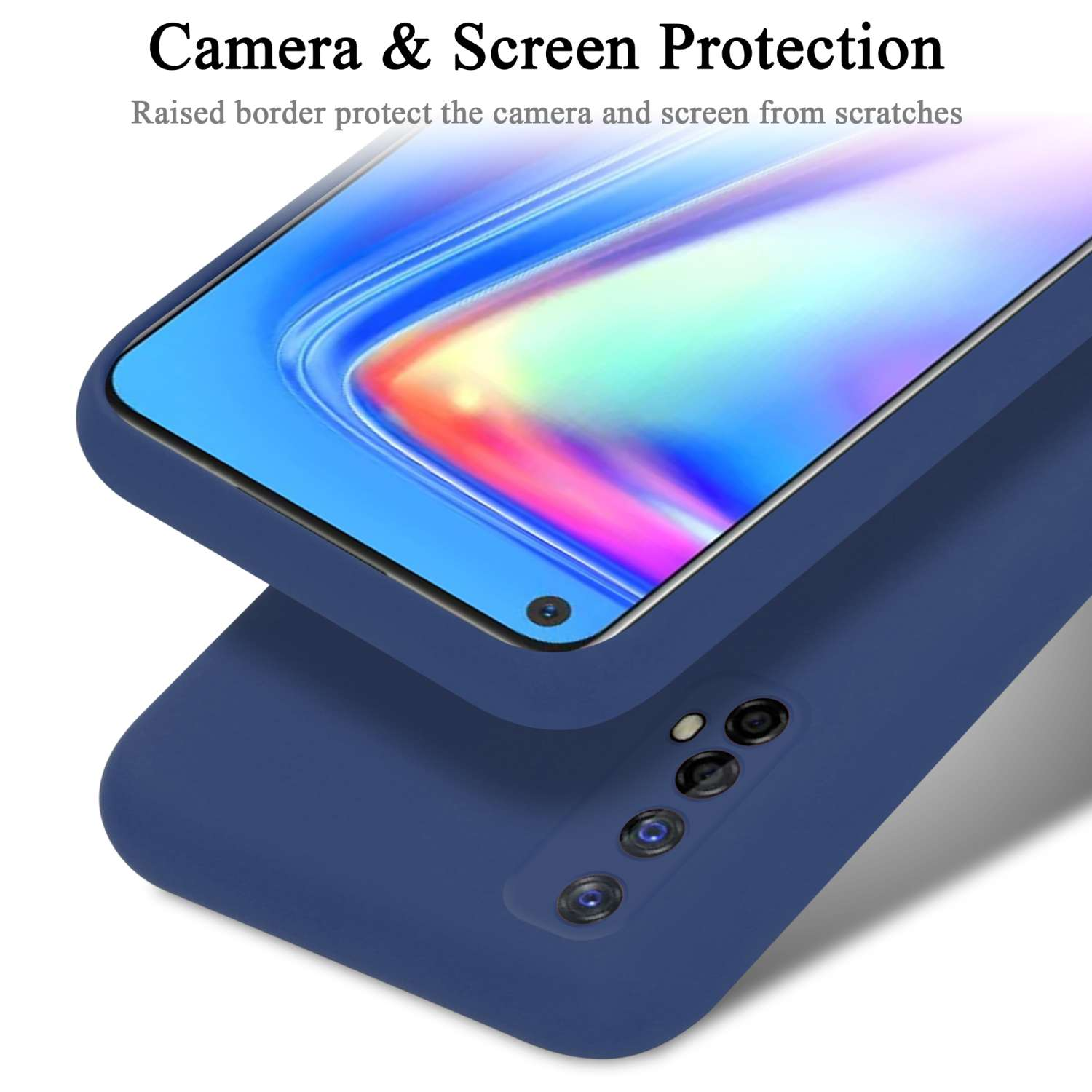 Una custodia per telefono blu con un telefono, con un bordo rialzato per la fotocamera e lo schermo.