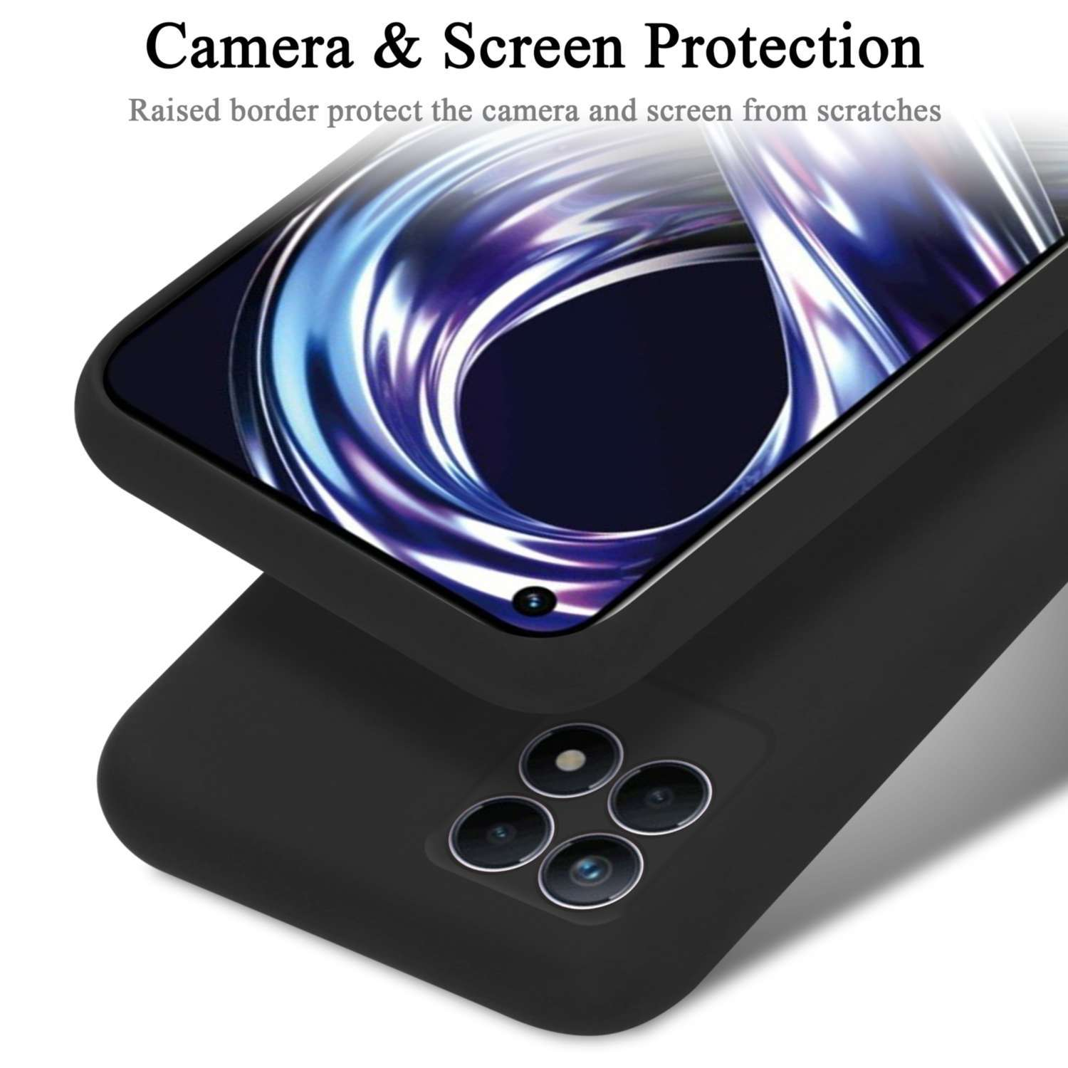 Custodia nera per telefono con telefono, che mostra la protezione della fotocamera e dello schermo.