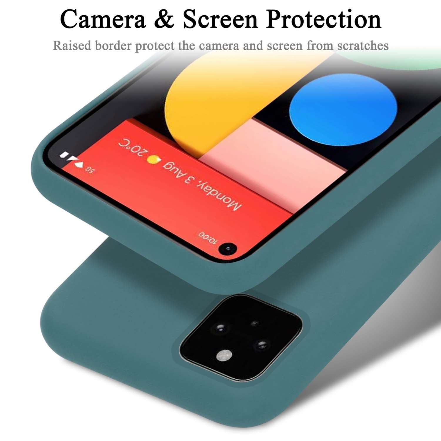 Custodia per telefono verde acqua con telefono, mostra data e ora. Fotocamera e schermo.