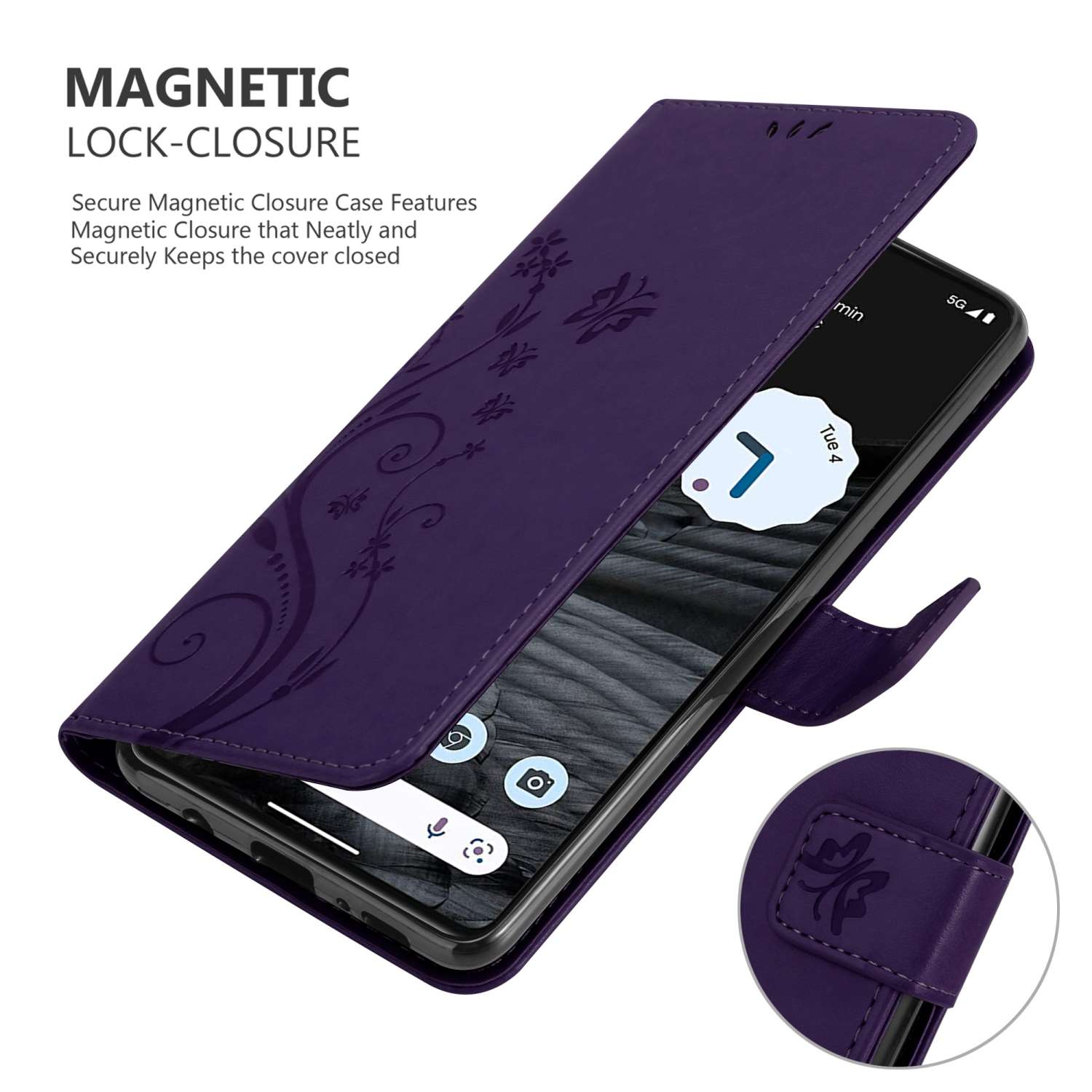 Una custodia per telefono viola in posizione aperta, che mostra un telefono. Viene evidenziata la chiusura magnetica.