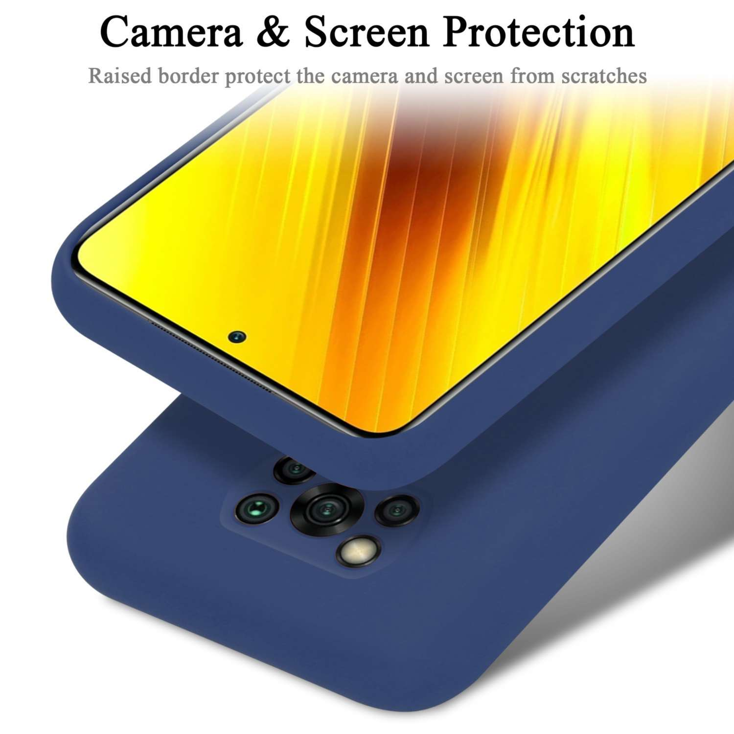 Eine blaue Handyhülle mit Telefon darin. Text oben: Kamera- und Bildschirmschutz.