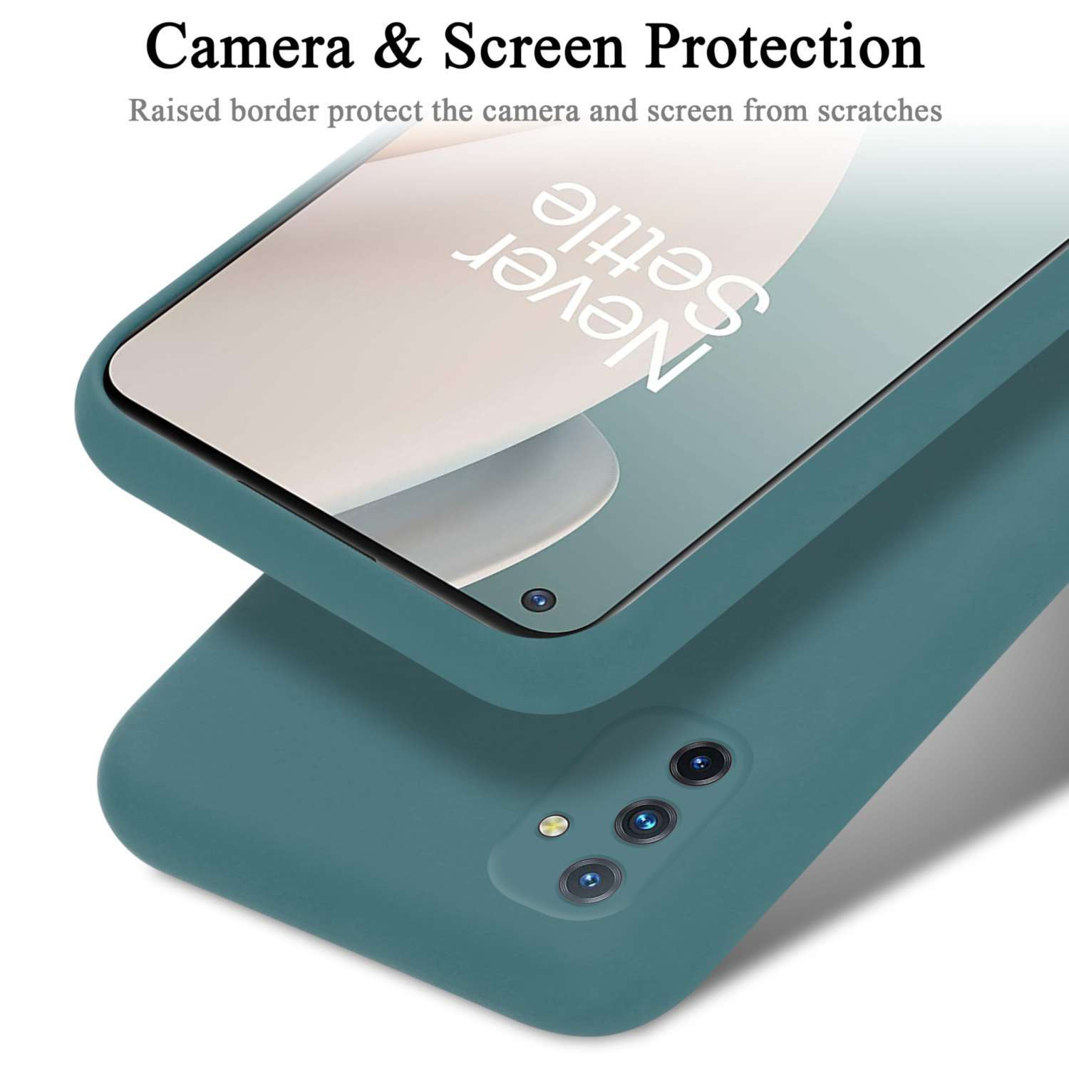 Ein Telefon mit einer Displayschutzhülle, die Kamera- und Bildschirmschutz hervorhebt, in Türkis.