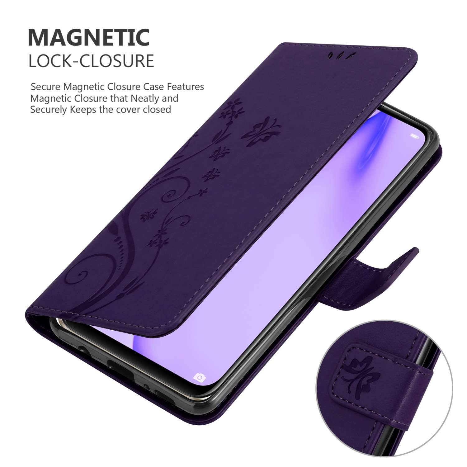 Lila Handyhülle mit Magnetverschluss, mit floralem Design. Das Telefon ist im Inneren der Hülle sichtbar.