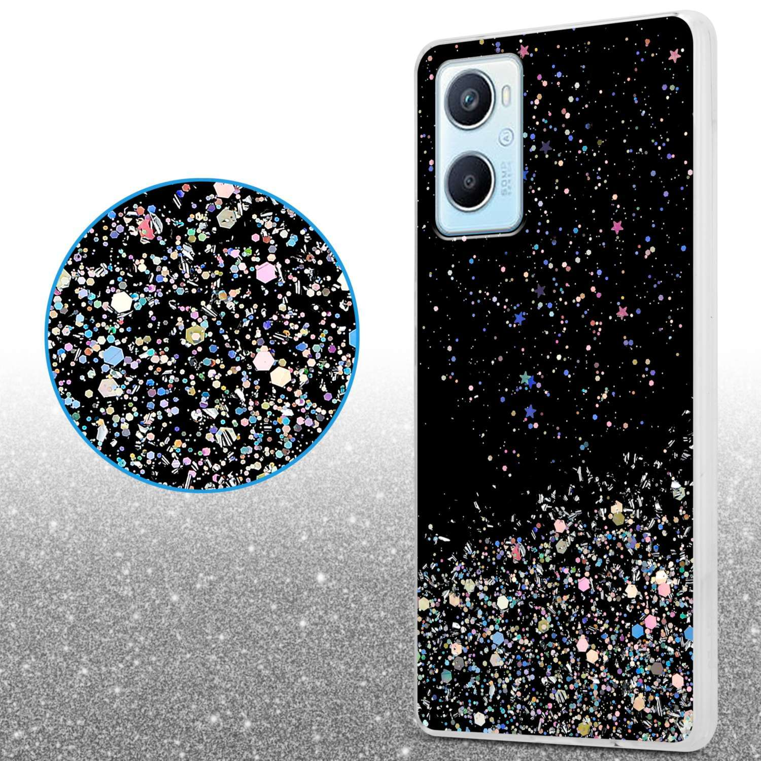 Custodia per telefono nera con effetto glitter. Vista ravvicinata con dettagli glitterati. Sfondo bianco.