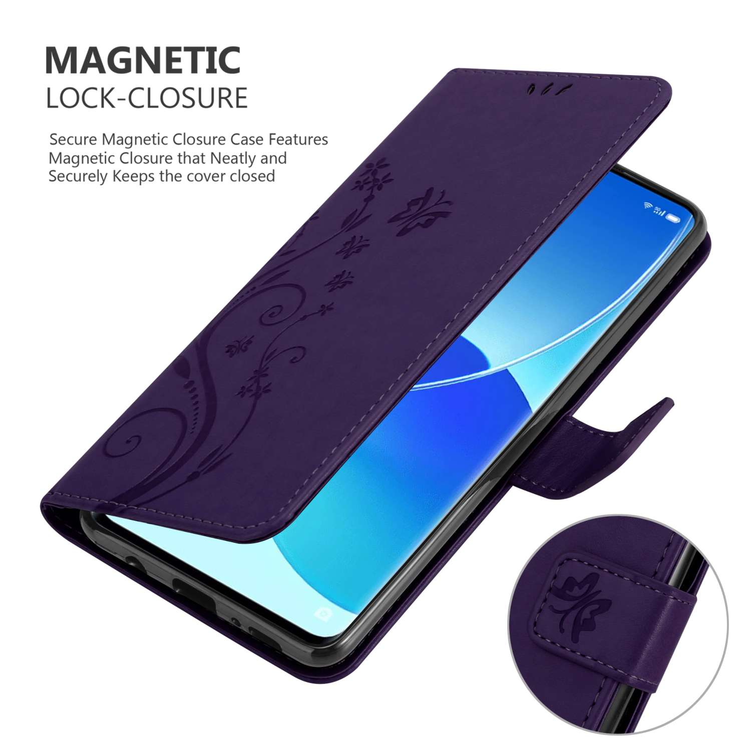 Custodia viola aperta, che mostra il telefono. Design floreale. Testo: Chiusura magnetica.