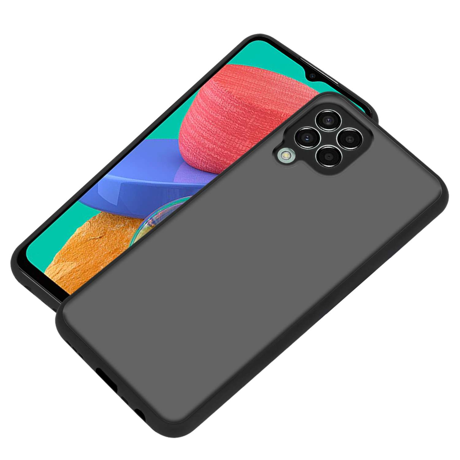 Una funda negra para teléfono con un teléfono delante. El fondo es blanco.