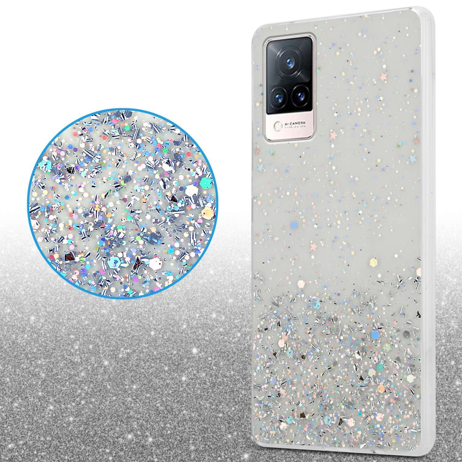 Viene mostrata una custodia per telefono con un design glitterato, primo piano sulla custodia e sui glitter.