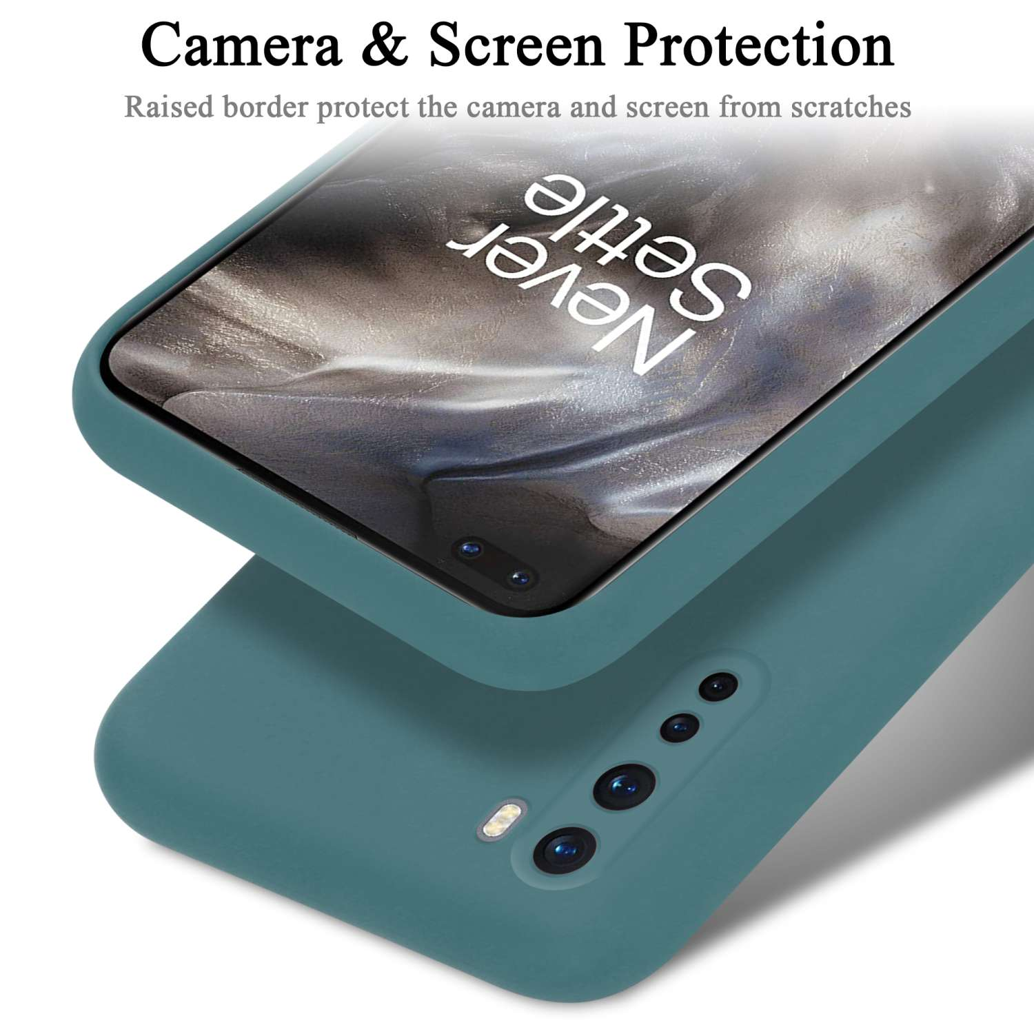 Una custodia per telefono protegge la fotocamera e lo schermo. La custodia è verde acqua e il telefono ha il logo Never Settle.
