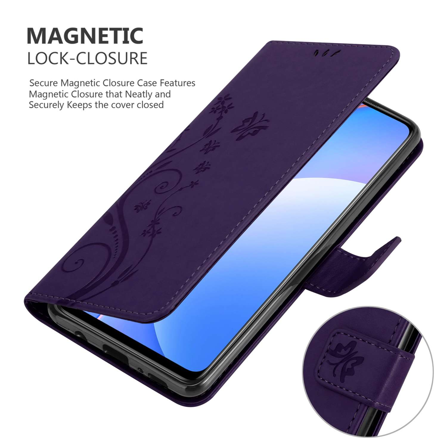 Custodia per telefono viola con chiusura magnetica. Il telefono è all'interno della custodia.