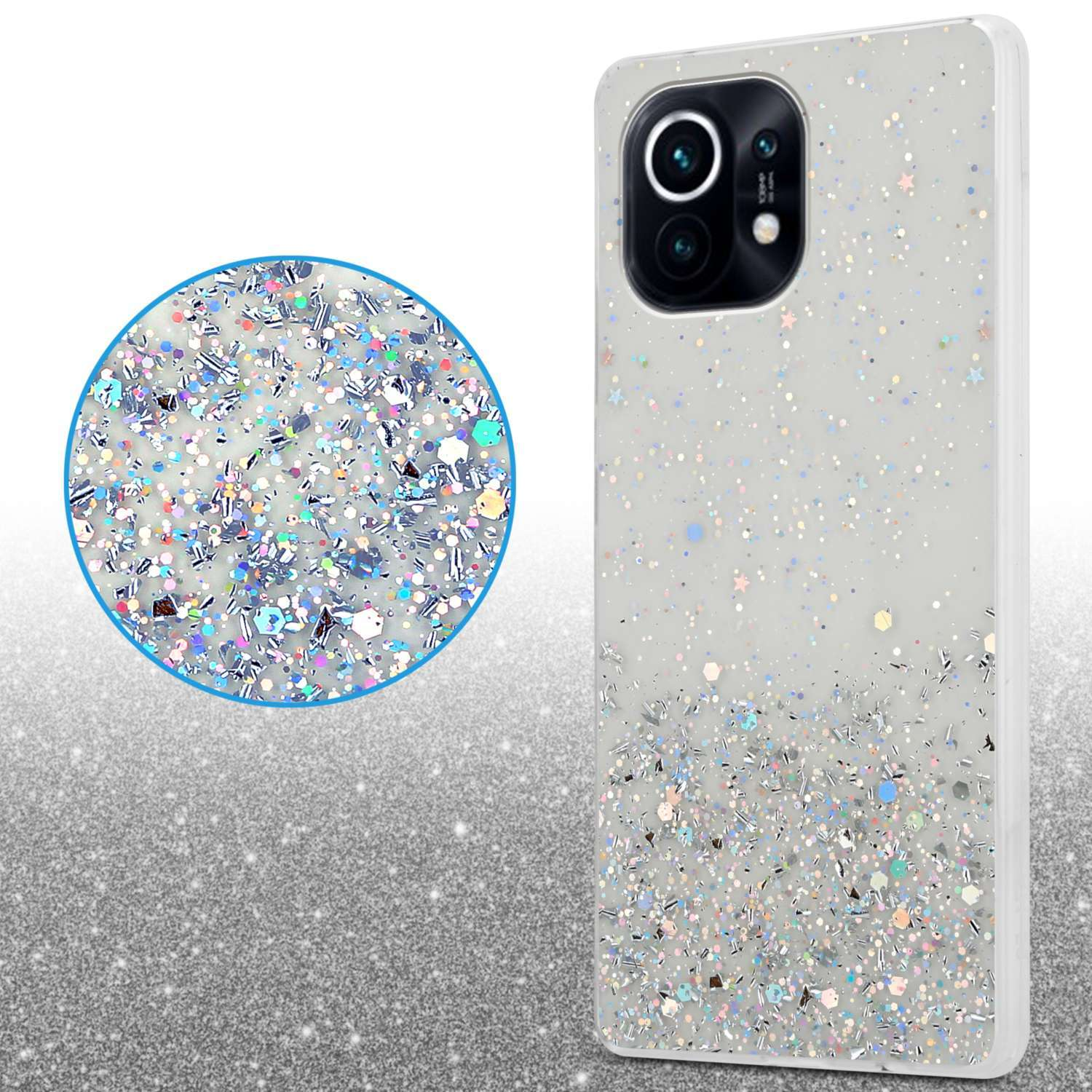 Custodia con telefono. Grigia con glitter, cerchio di glitter a sinistra.