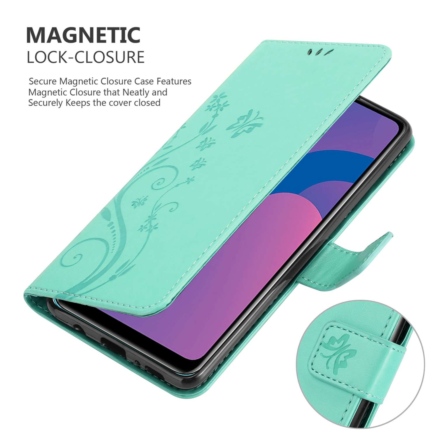 Custodia per telefono. Custodia verde acqua con un design floreale. Il telefono è nella custodia. La custodia si chiude con un fermaglio.