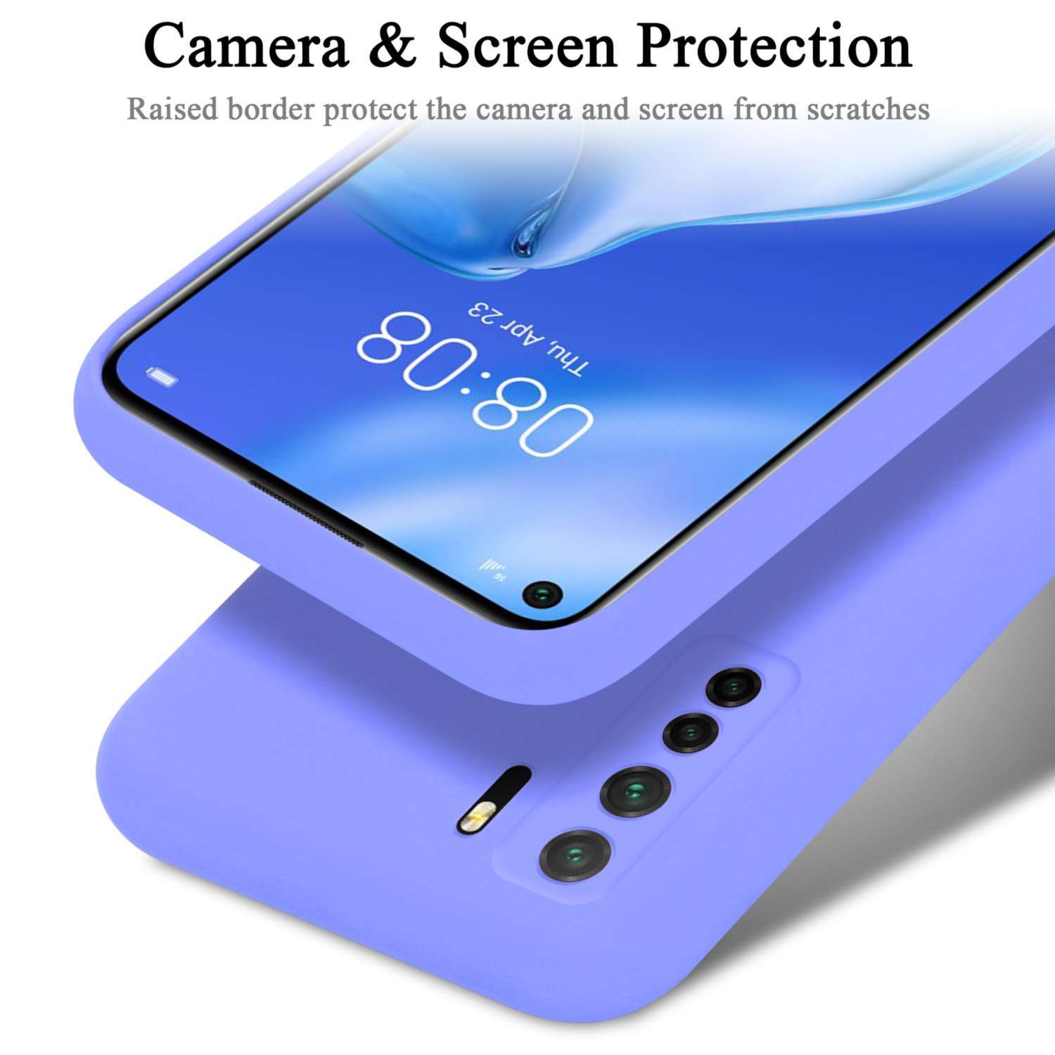 Una custodia viola con l'ora visualizzata. Il testo dice protezione fotocamera e schermo.