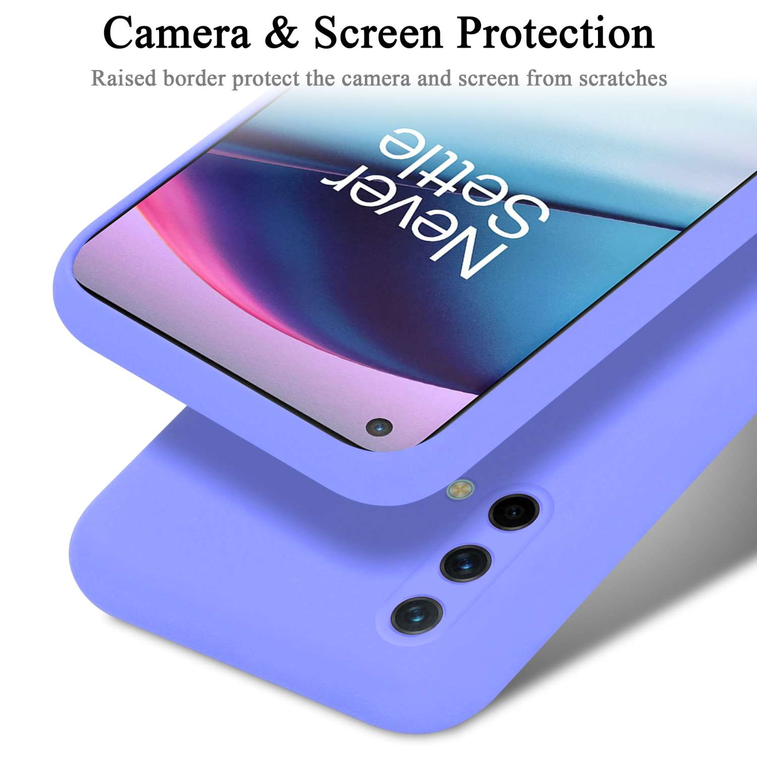 Una custodia per telefono viola con un telefono all'interno. Il testo recita 'Never Settle'. Protezione fotocamera e schermo.
