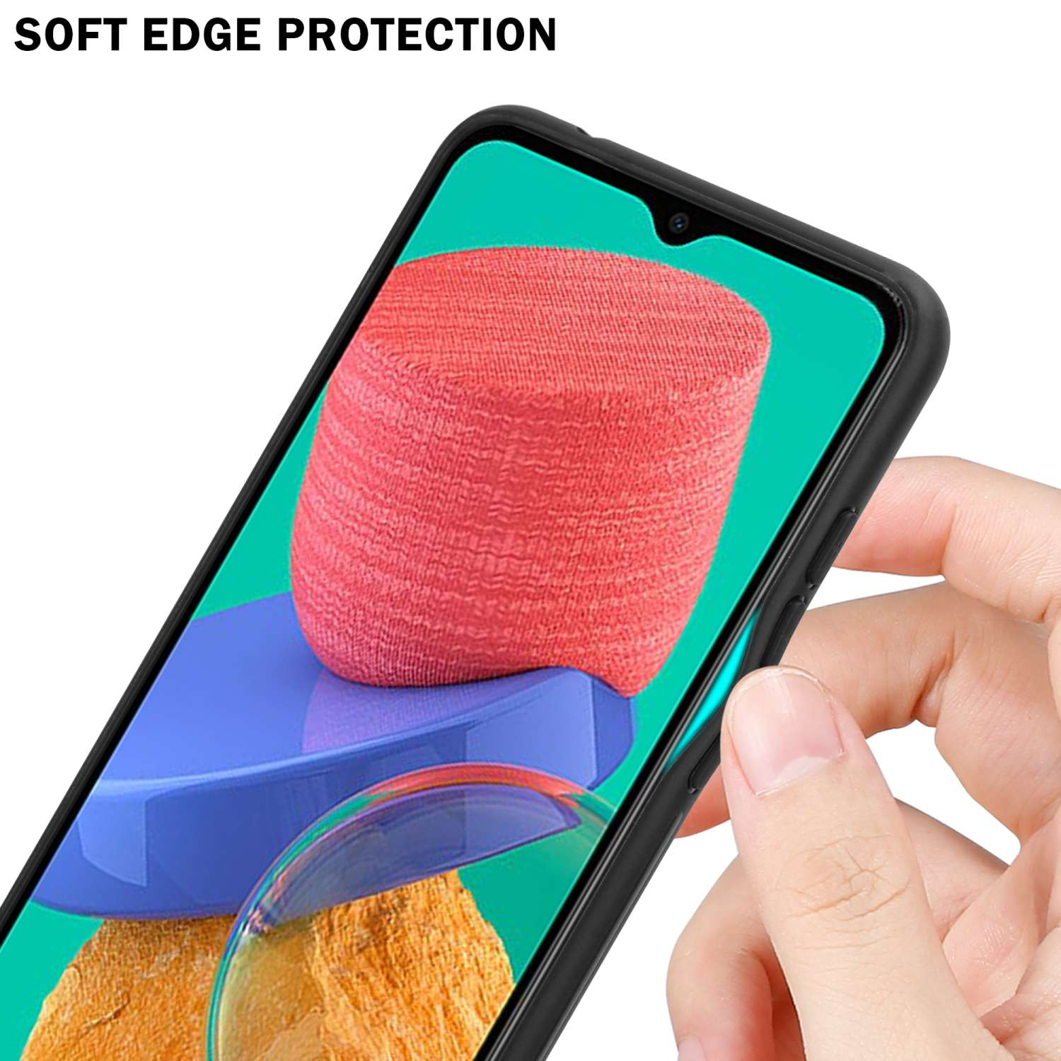 Hand hält ein Telefon mit schwarzem Gehäuse, das einen Soft-Edge-Schutz auf dem Bildschirm zeigt.