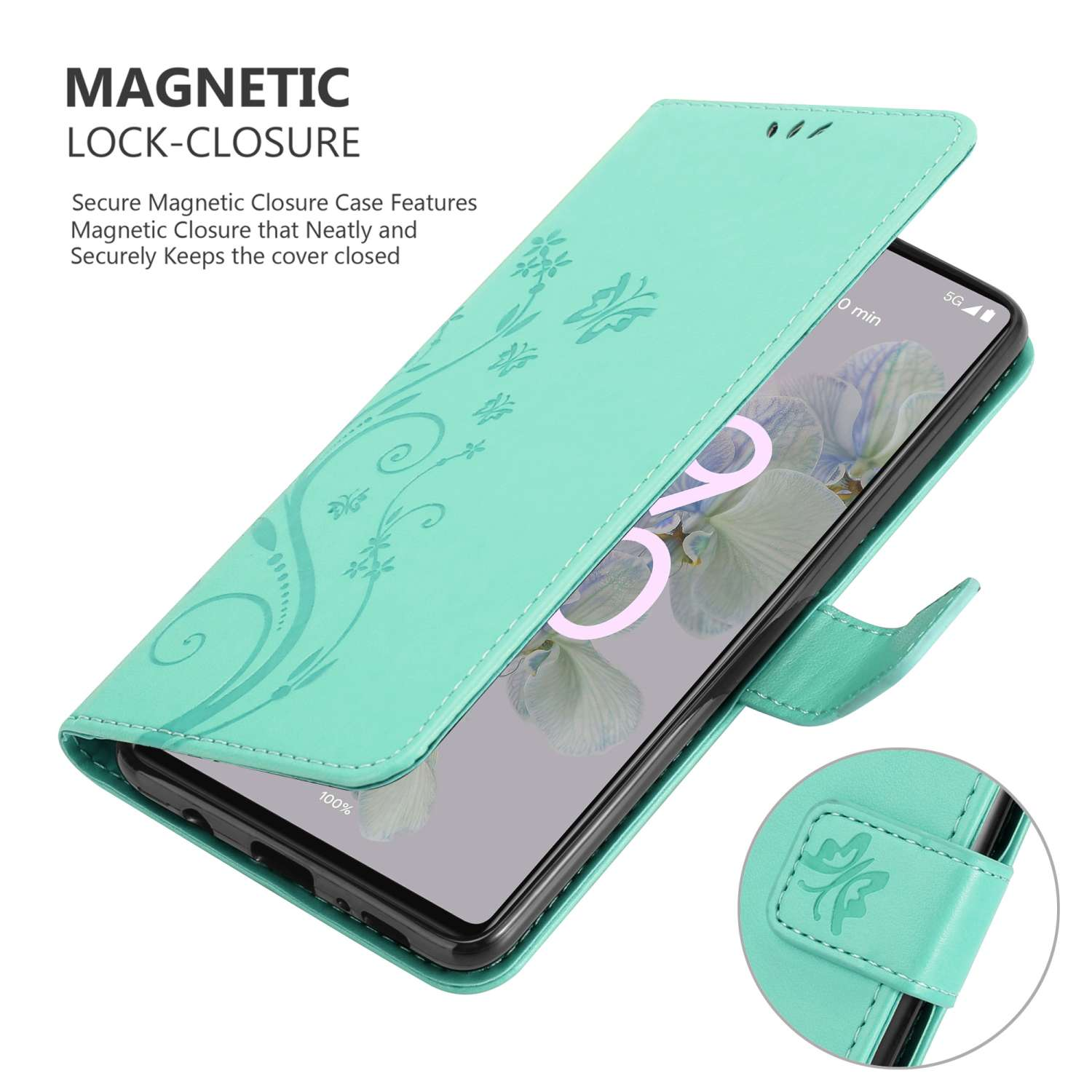 Uno smartphone in una custodia turchese con un design floreale è mostrato aperto, mostrando lo schermo e la chiusura magnetica.