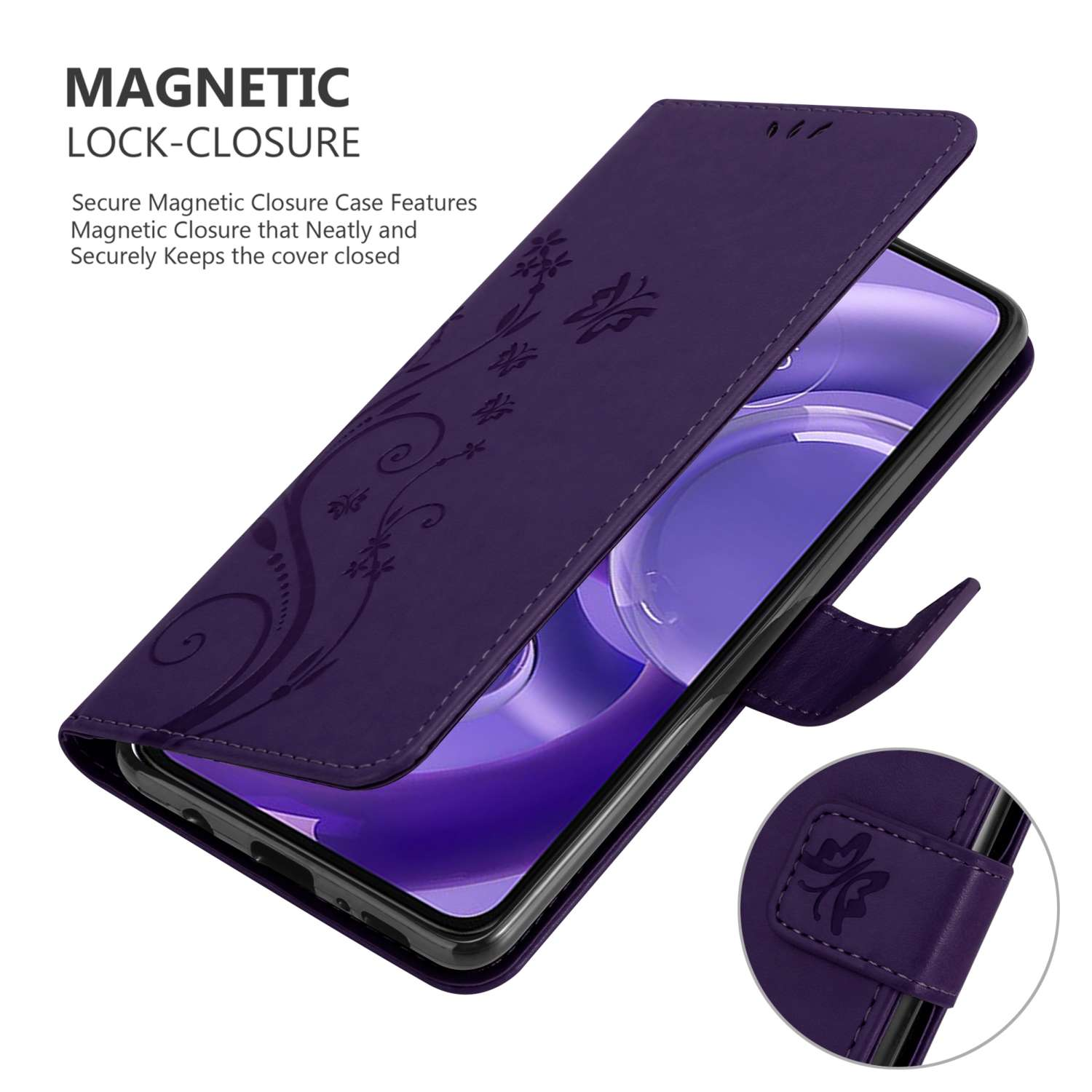 Custodia per telefono viola aperta con telefono all'interno. La custodia ha un design floreale. Chiusura magnetica visibile.