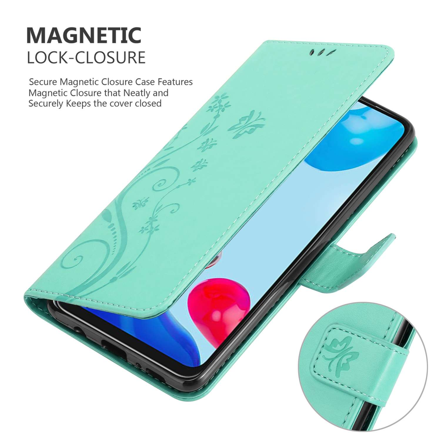 Una custodia per telefono verde acqua con un design floreale è aperta, rivelando lo schermo del telefono. La custodia ha una chiusura magnetica.