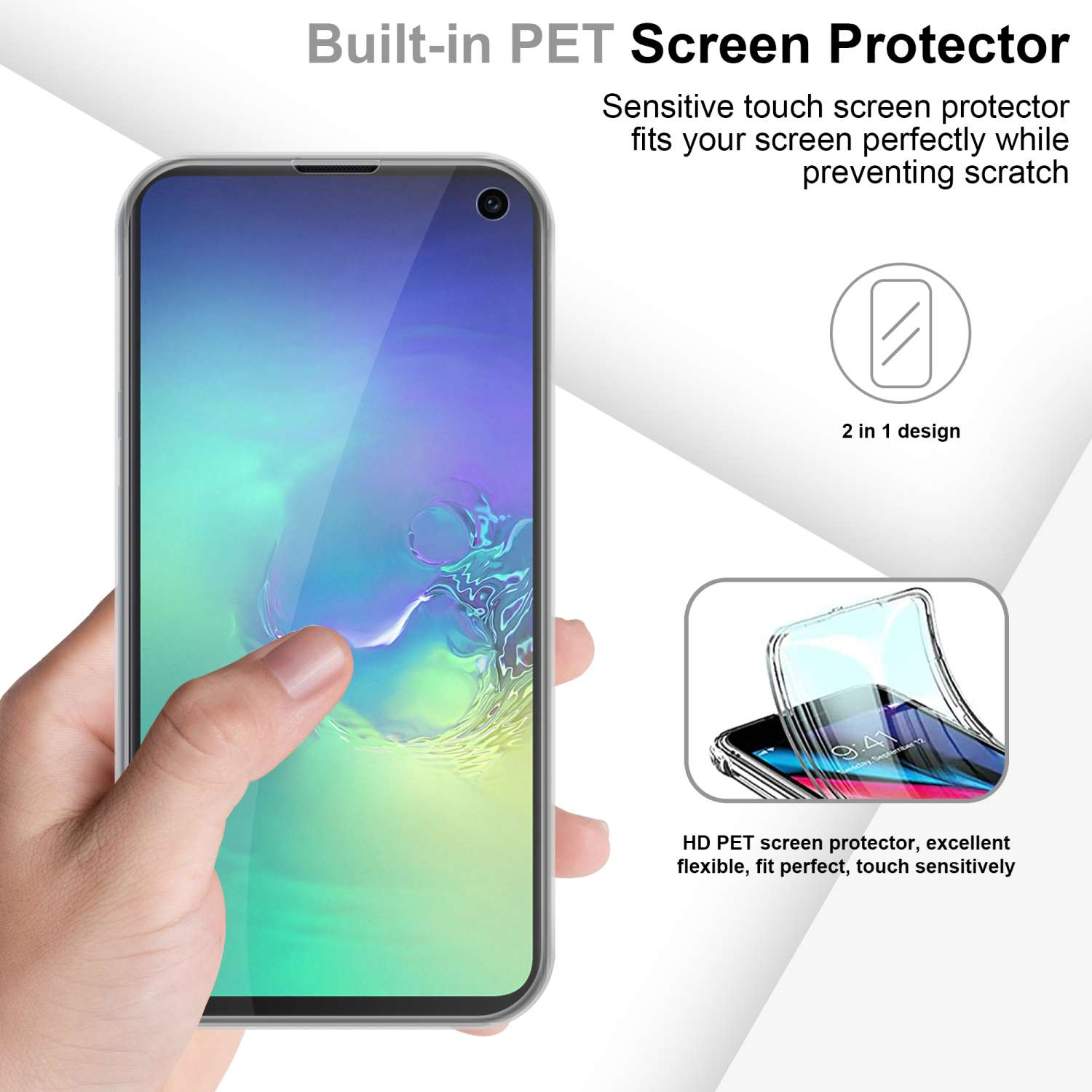 Mano che tiene un telefono con protezione schermo. Testo sullo sfondo. Diagrammi che mostrano una custodia e una protezione.