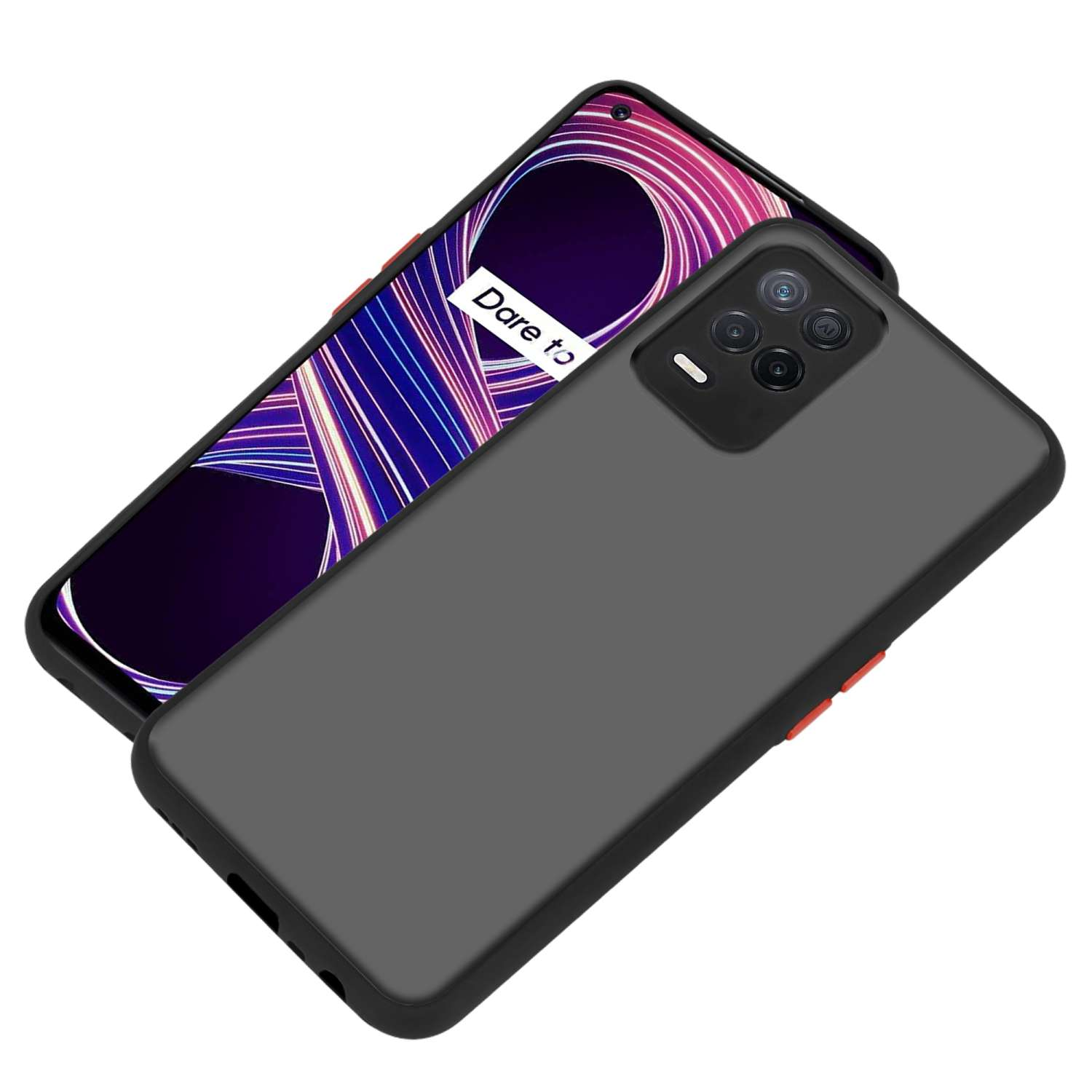 Telefono nero con finitura opaca, un altro telefono con grafica colorata sullo schermo.