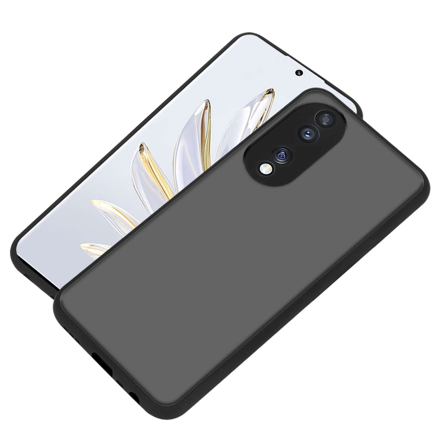 Ein schwarzes Telefon ist gegen ein weißes Telefon angewinkelt. Beide Telefone haben einen Kamera-Buckel.