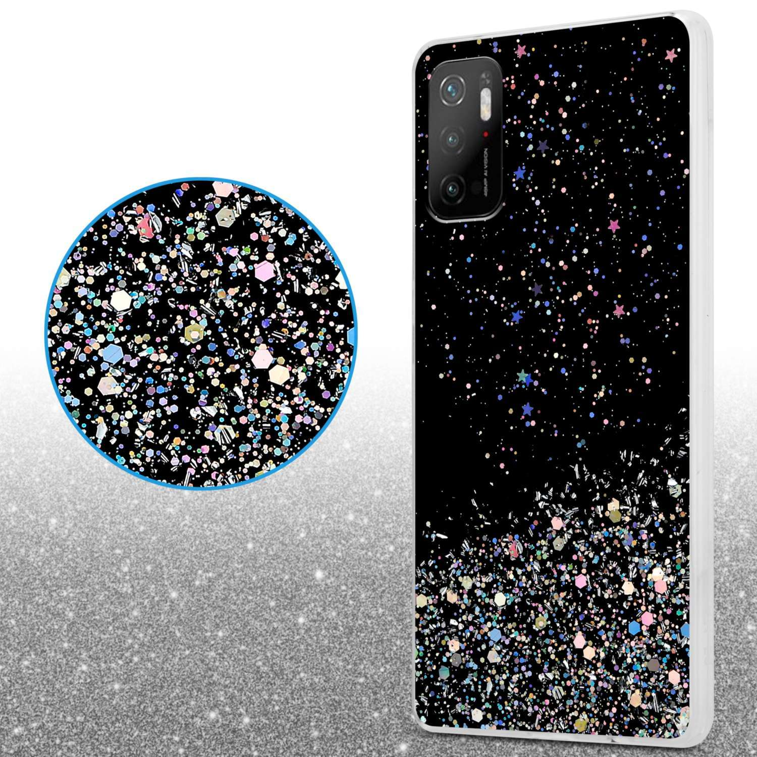 Una custodia per telefono con sfondo nero e glitter colorati. È visibile anche uno zoom circolare.