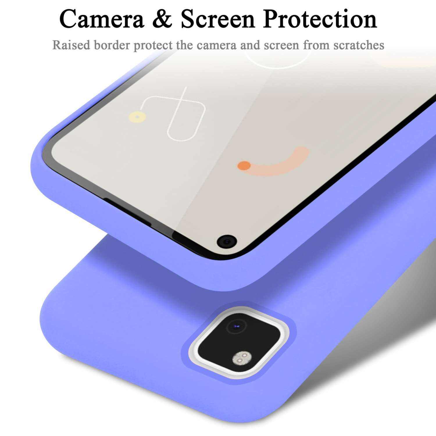 Custodia per telefono. Custodia per telefono viola sopra un telefono. La custodia protegge la fotocamera e lo schermo.