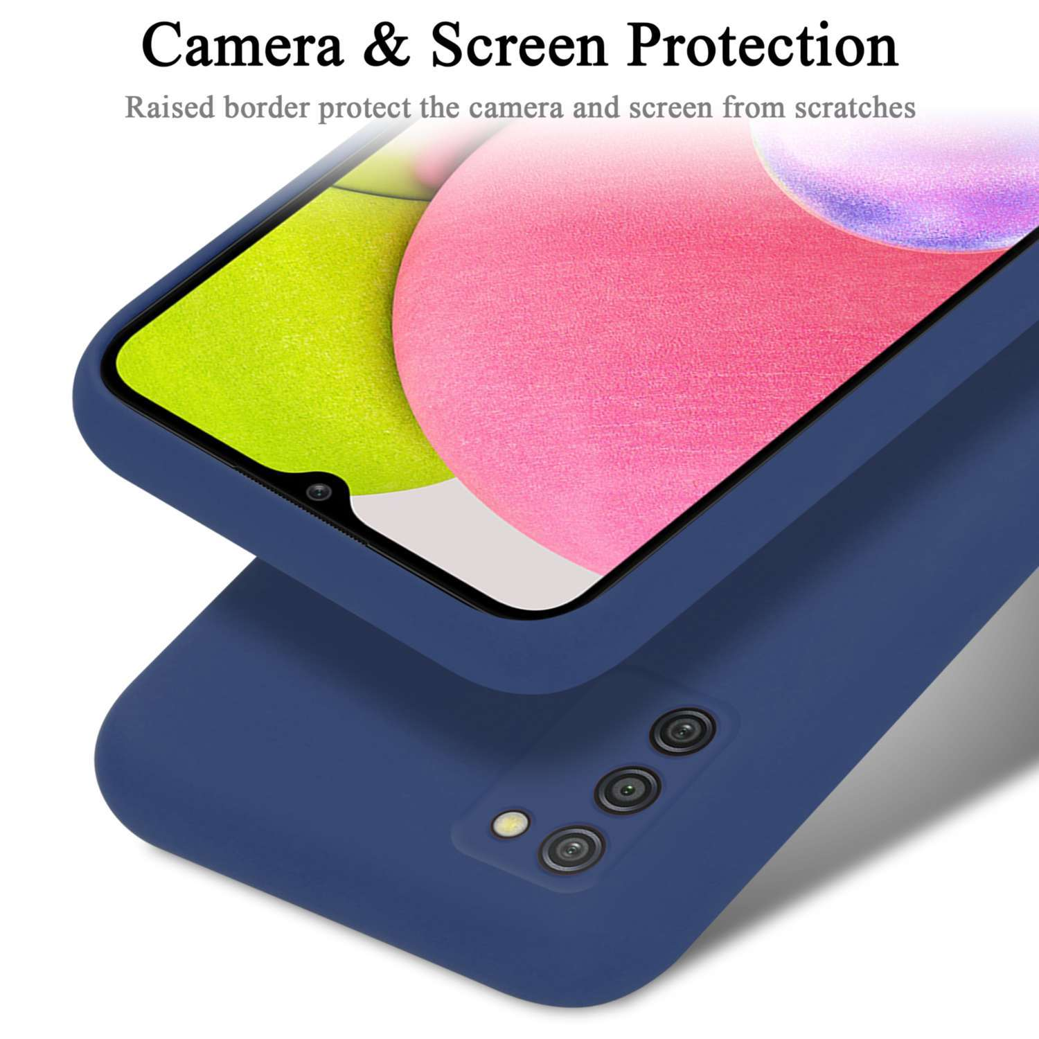 Eine dunkelblaue Handyhülle mit Telefon. Die Hülle hat einen erhöhten Rand um Kamera und Bildschirm.