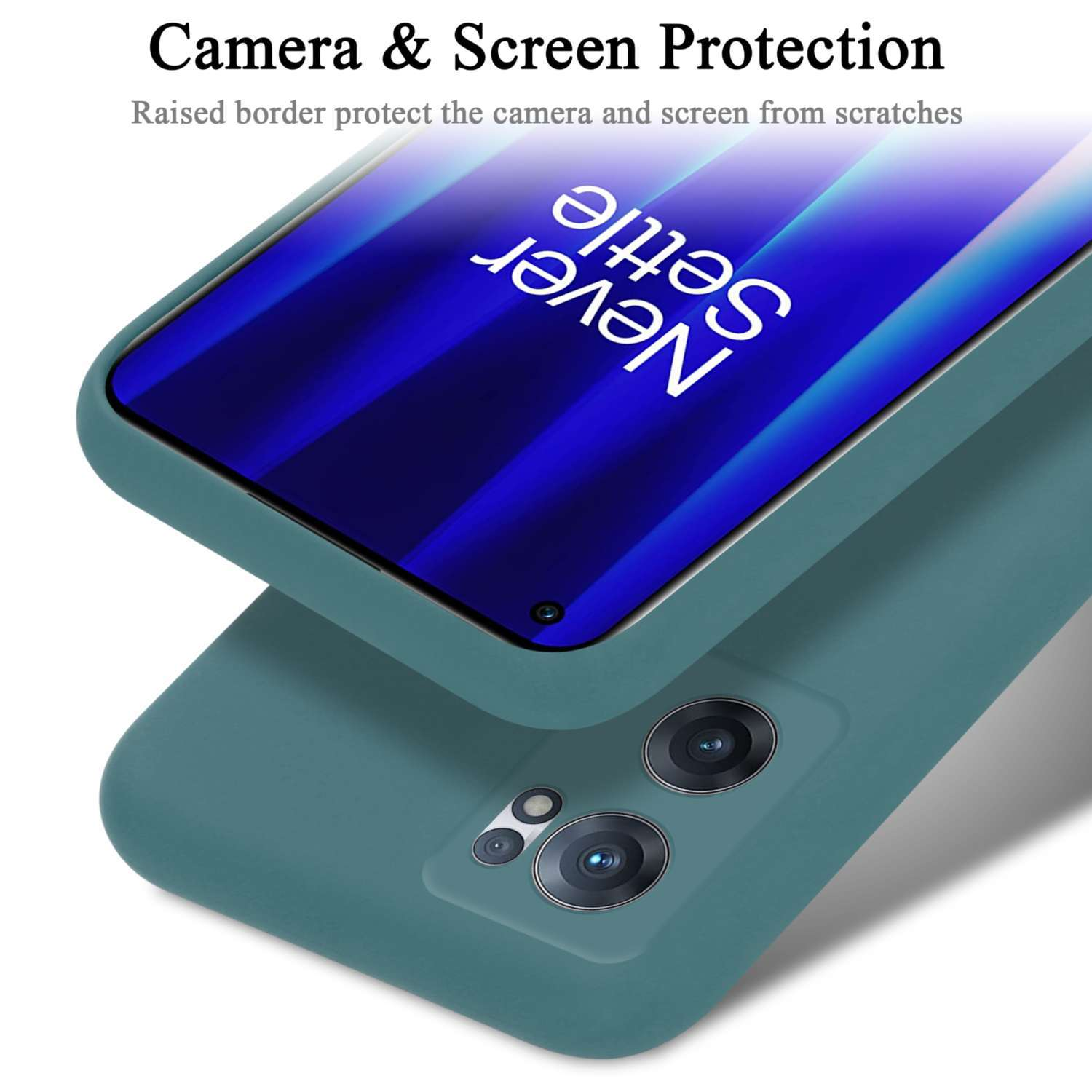 Telefono in una custodia protettiva verde acqua. Lo schermo recita 'Never Settle', con protezione della fotocamera e dello schermo.