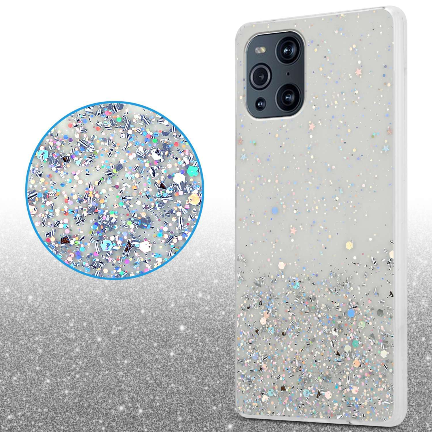 Una custodia per telefono con glitter. Un cerchio ingrandisce i glitter. La custodia è bianca con fotocamera nera.