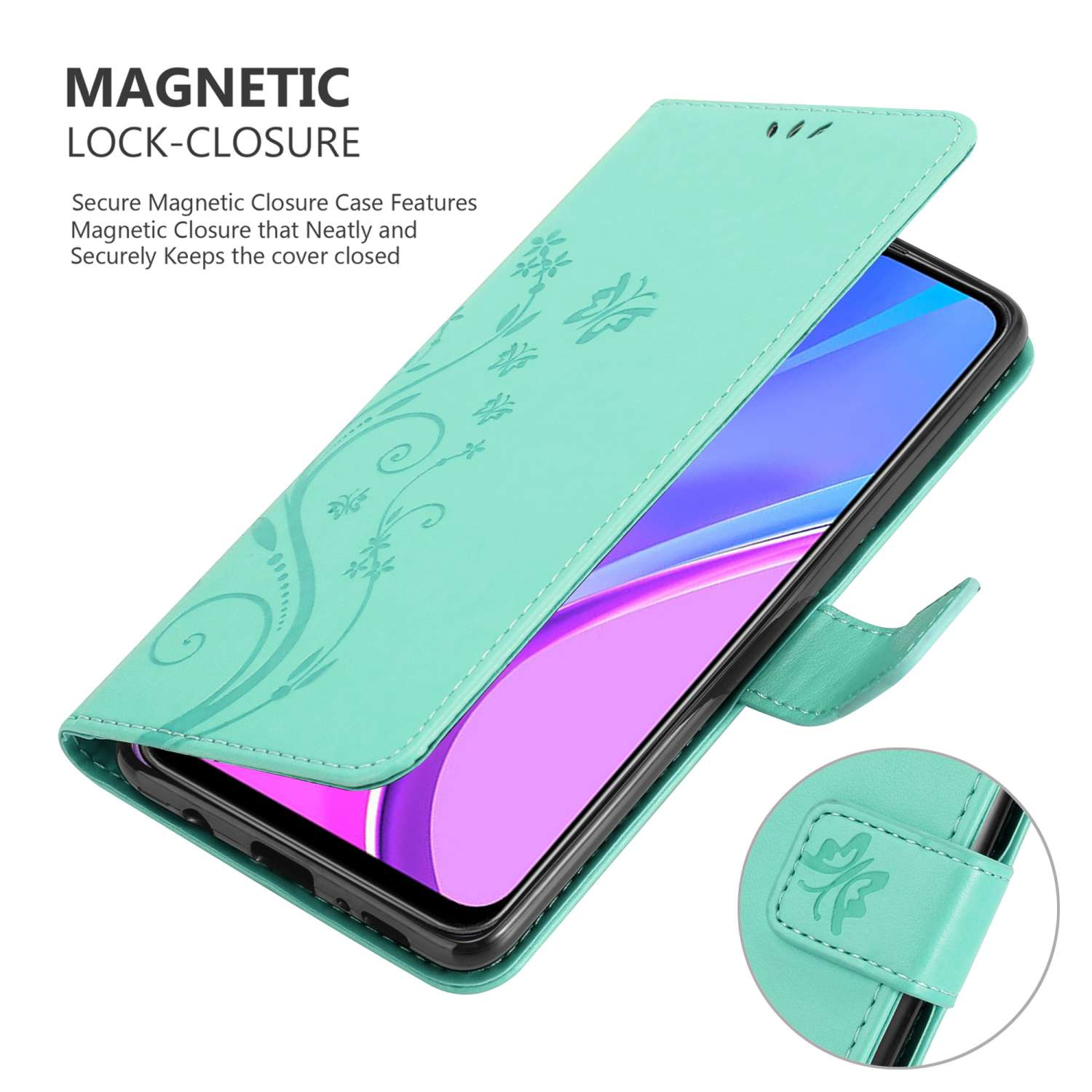 Custodia per telefono verde acqua aperta con telefono all'interno. Design floreale. Chiusura magnetica visibile. Primo piano della chiusura.