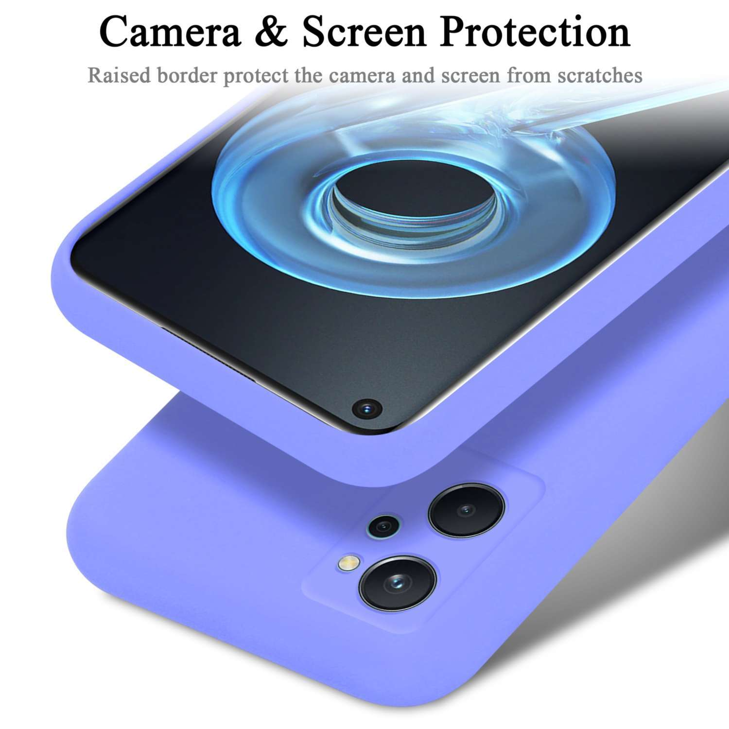 Una custodia per telefono viola che mostra la protezione della fotocamera e dello schermo con un bordo rialzato.