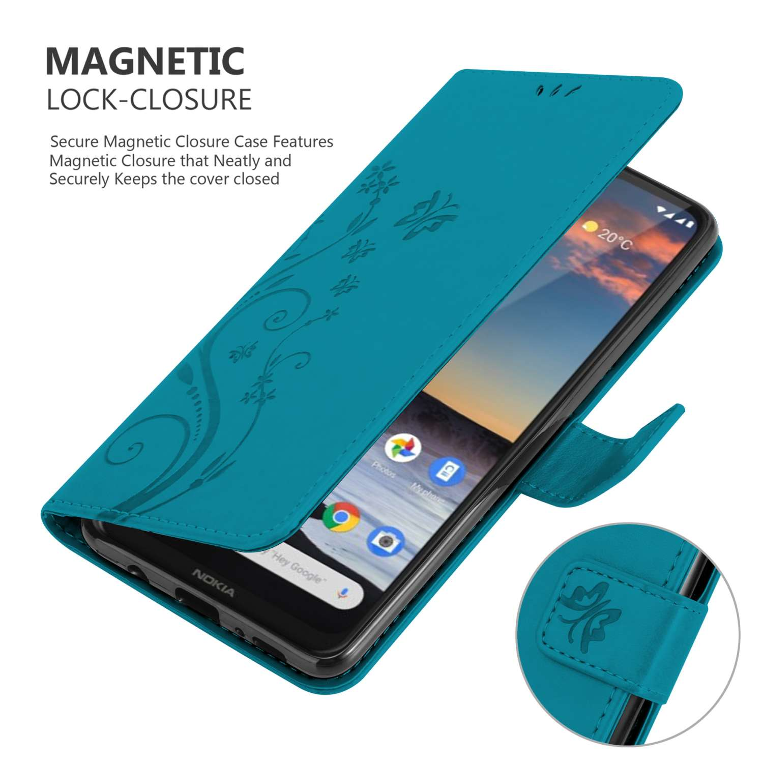 Una custodia per telefono color verde acqua è aperta, rivelando il telefono. Ci sono disegni floreali sulla custodia. Il telefono visualizza icone di app.